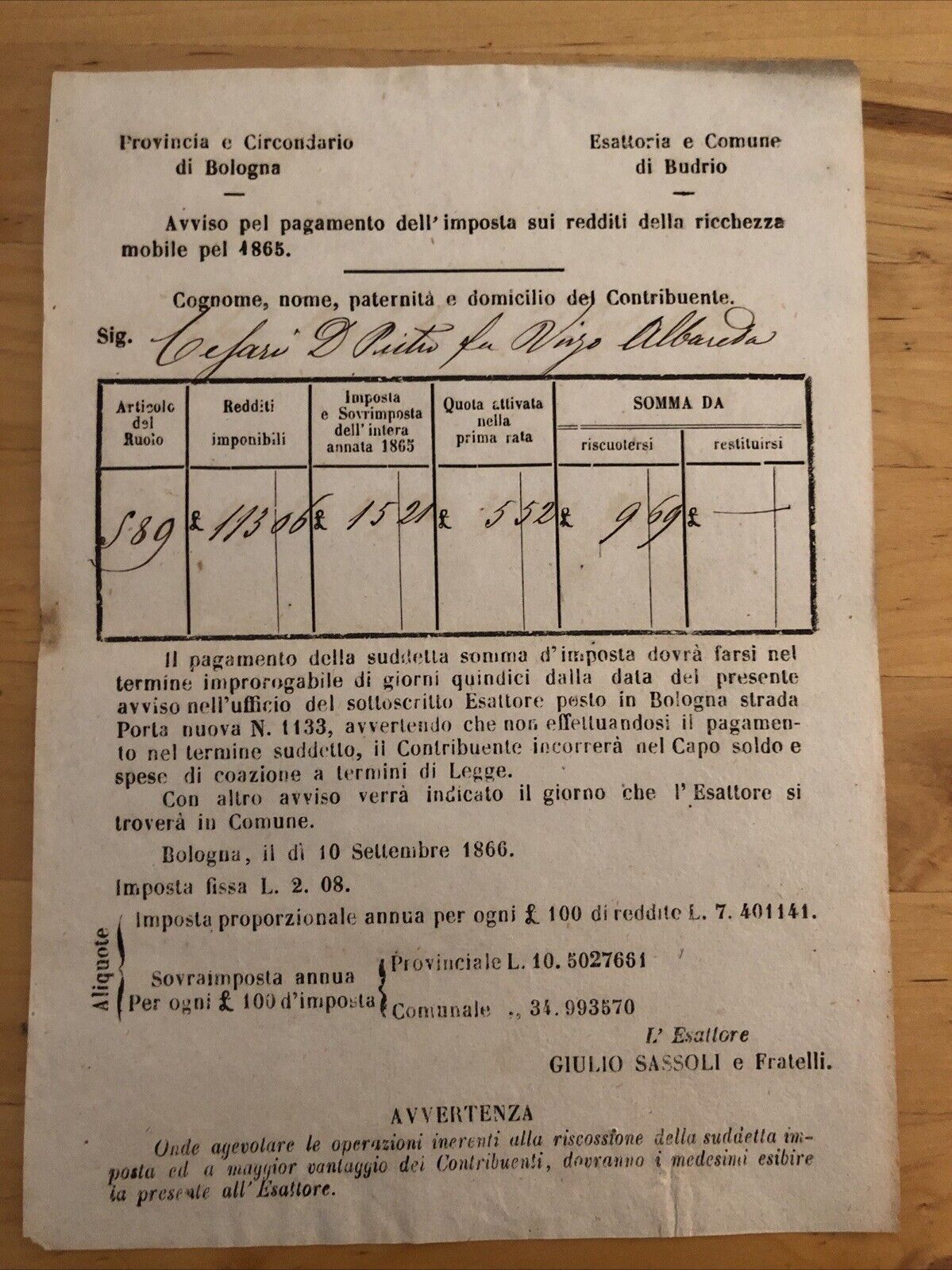 Bologna - Budrio antico documento 1865 pagamento imposta redditi della ricchezza