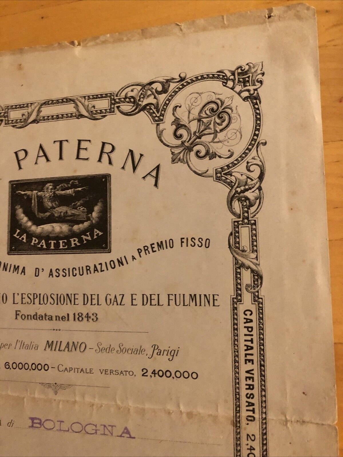 DOCUMENTO assicurativo antico 1890 ca. Paterna. incendio esplosione