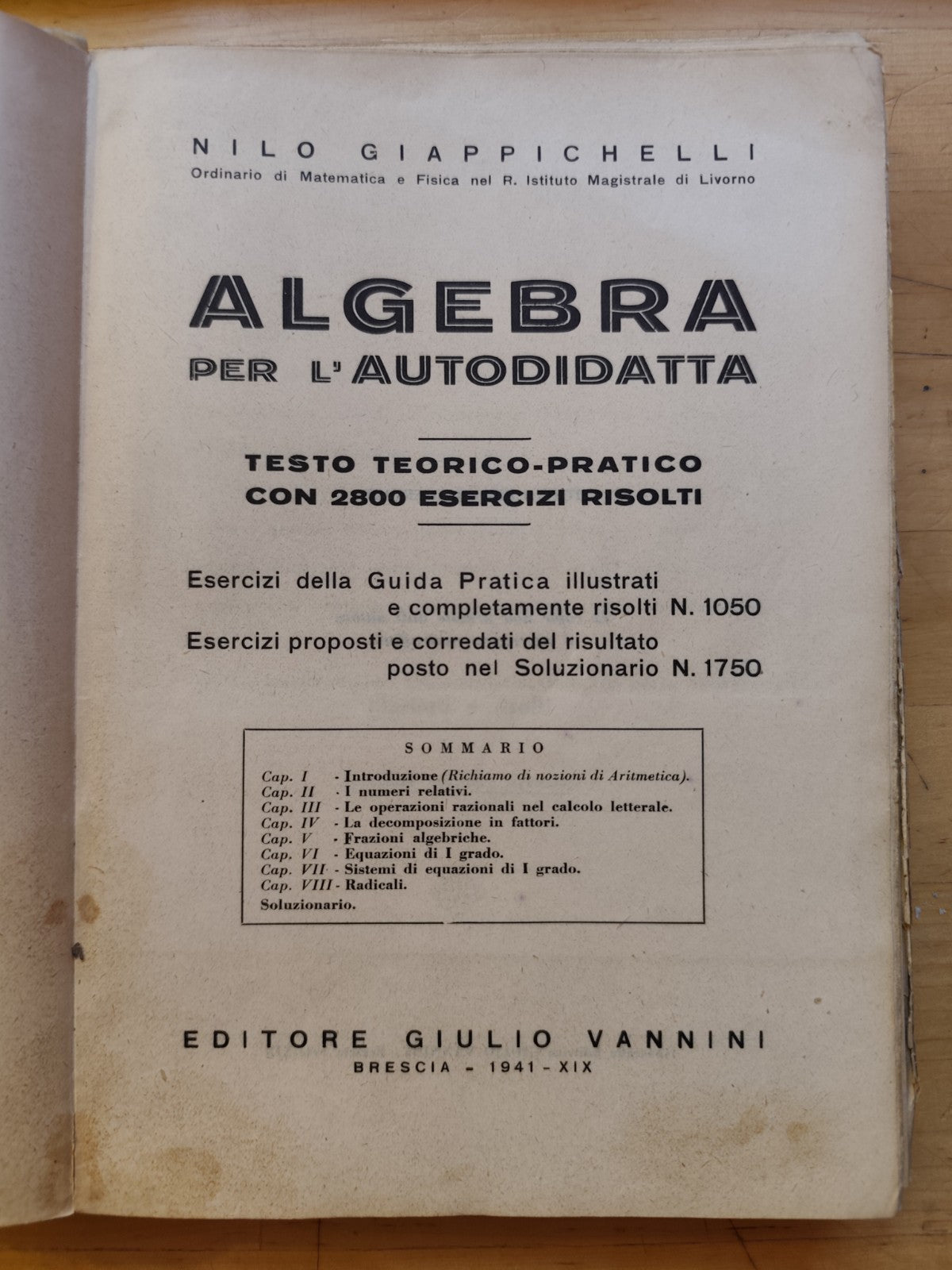 Algebra per l'autodidatta, Nilo Giappichelli - Giulio Vannini editore 1941
