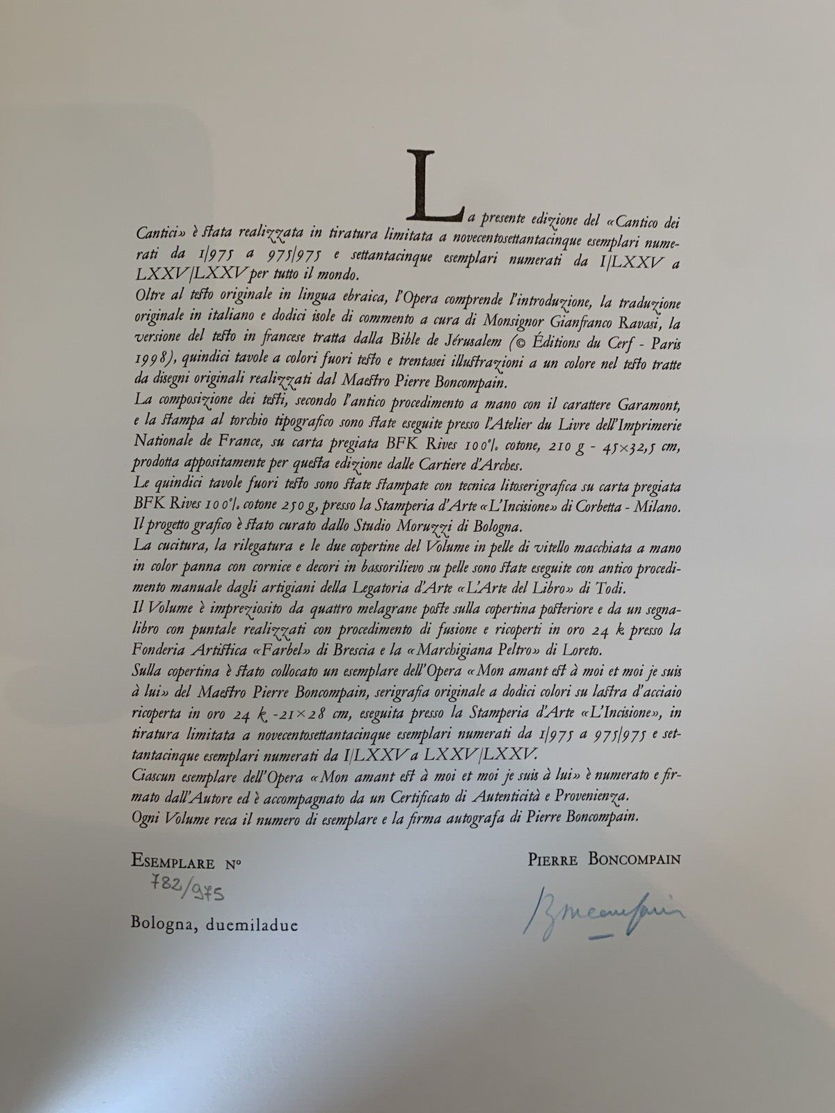 Cantico dei cantici, EDIZIONE PREGIATA Pierre Boncompain. Art'e', G. Ravasi 2002