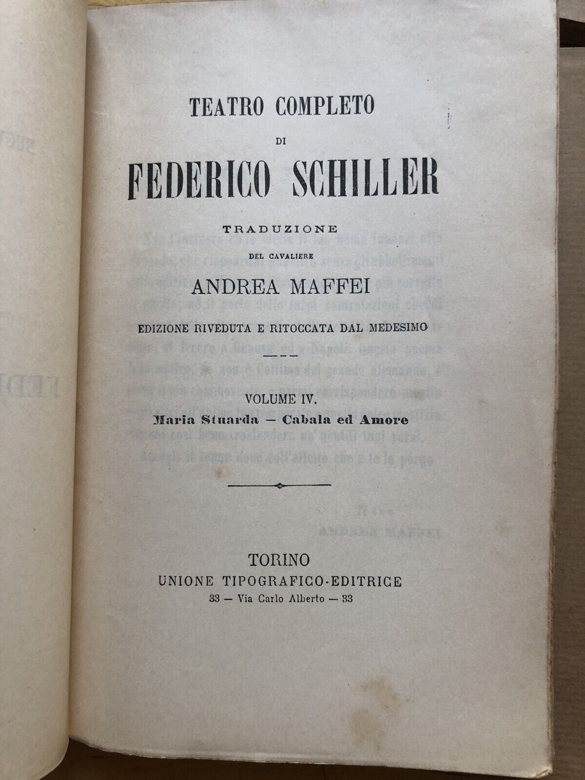 Teatro completo di Federico Schiller 1857. Andrea Maffei 1857 completo in 5 voll