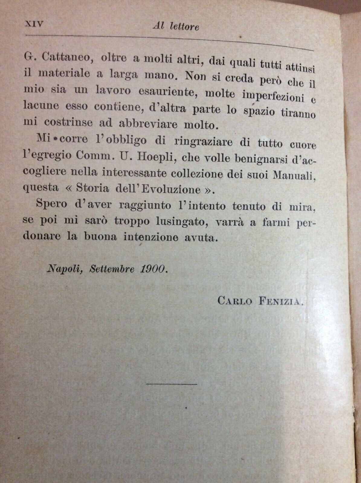 STORIA DELLA EVOLUZIONE. CARLO FENIZIA. MANUALE HOEPLI, 1901, serie scientifica