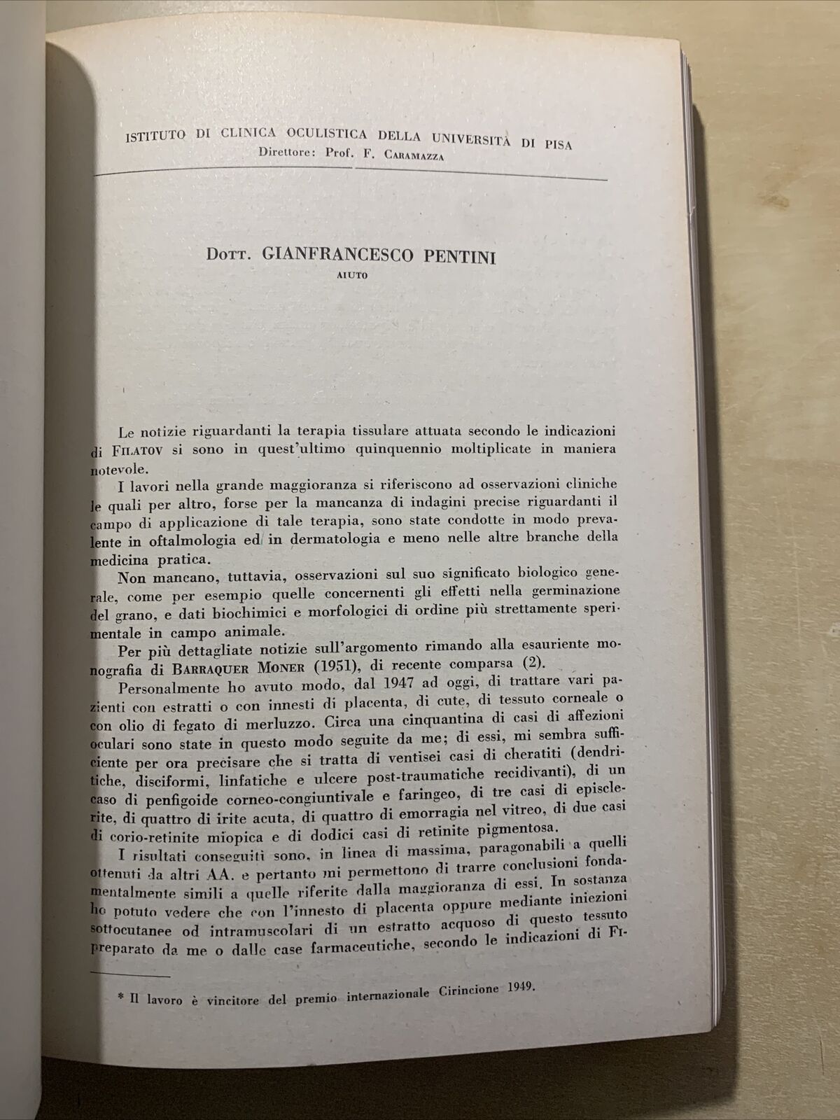 CLINICA OCULISTICA UNIVERSITÀ DI PISA - PUBBLICAZIONI 1951 - 1952. F. Caramazza