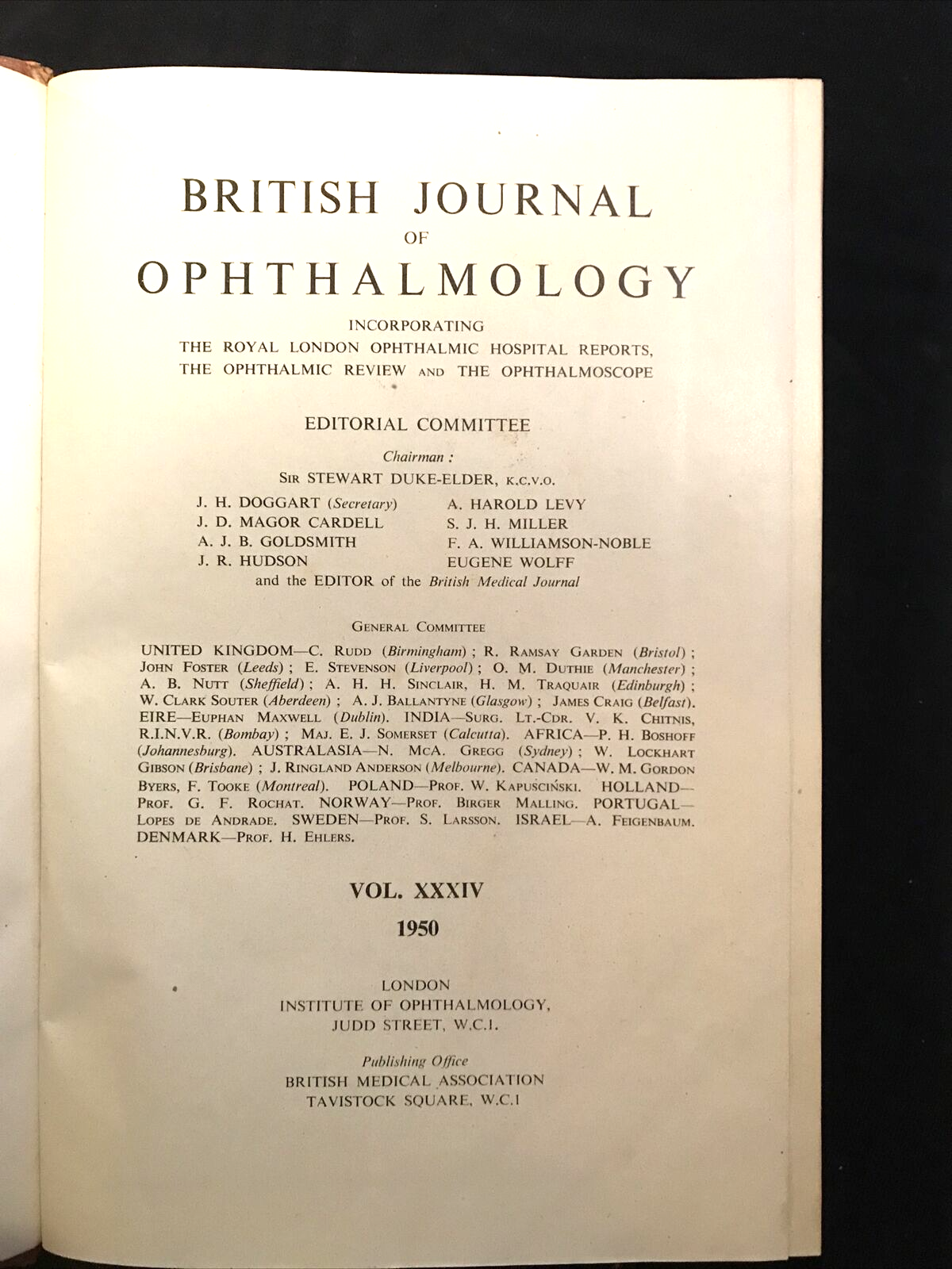 BRITISH JOURNAL OF OPHTHALMOLOGY oftalmologia, vol. XXXIV 1950 - S. Duke-Elder