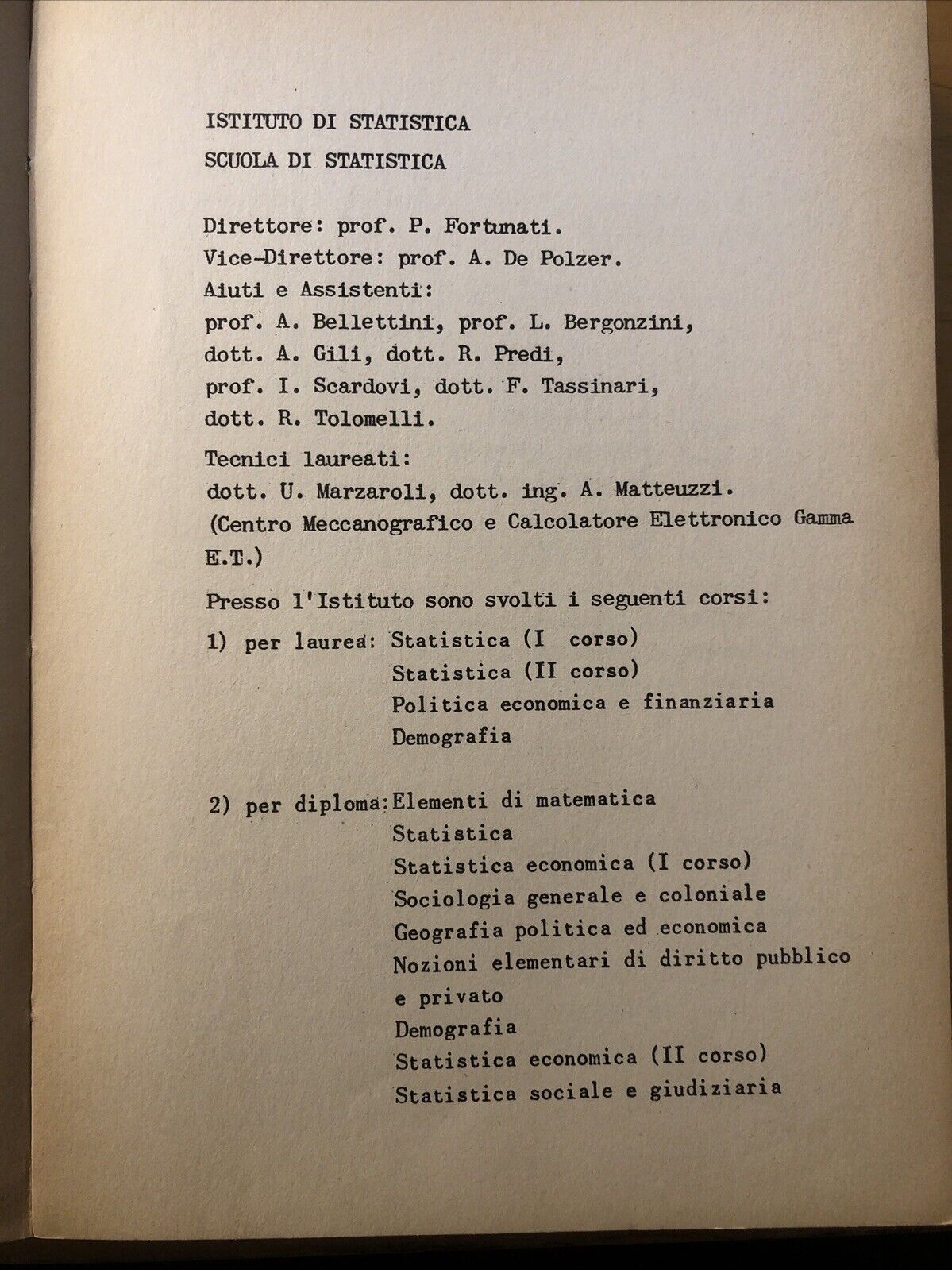 Istituto di Statistica Università di Bologna, scritti ed appunti Paolo Fortunati