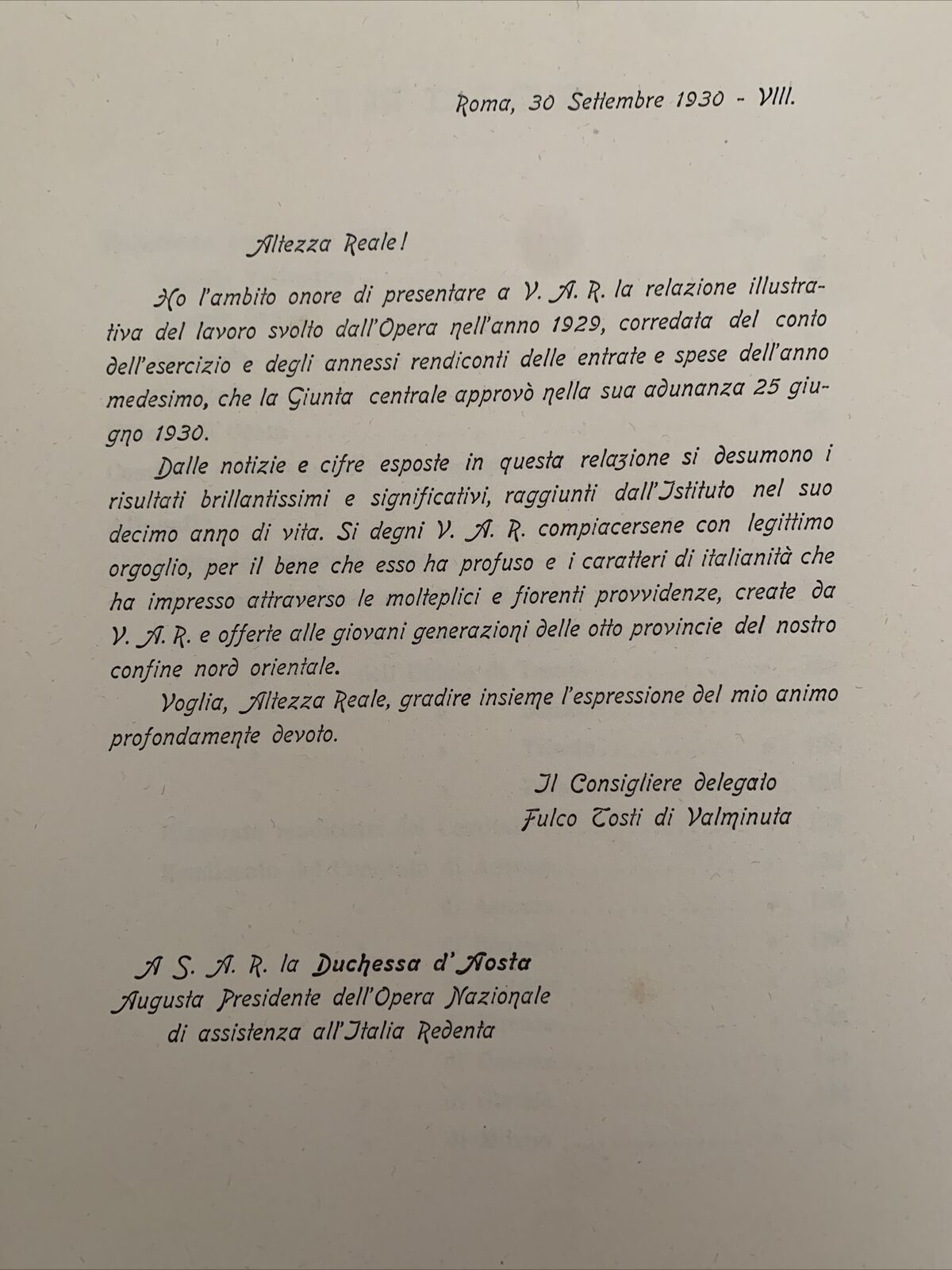 OPERA NAZIONALE DI ASSISTENZA ALL'ITALIA REDENTA - Relazione e rendiconto 1929 #