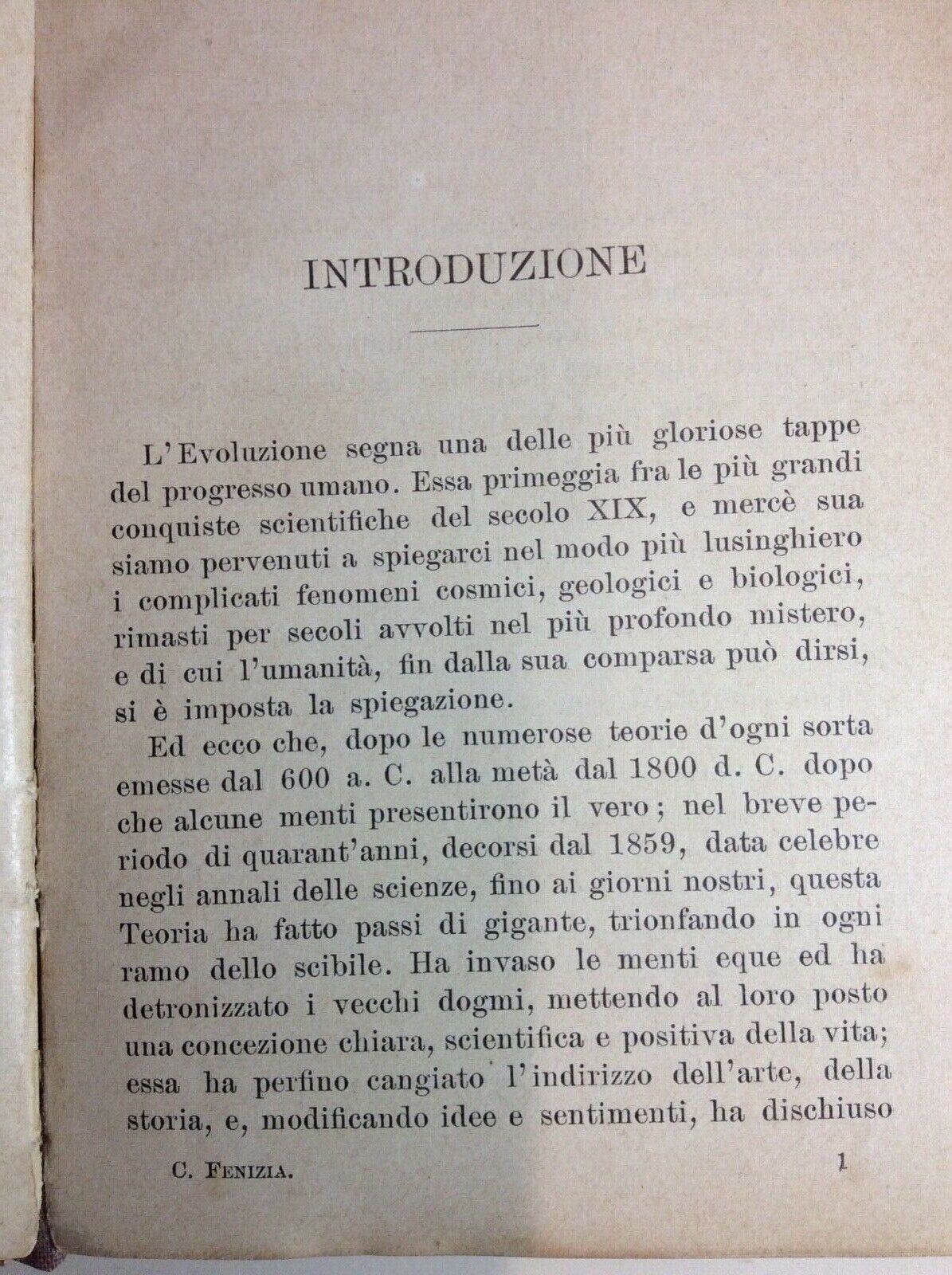 STORIA DELLA EVOLUZIONE. CARLO FENIZIA. MANUALE HOEPLI, 1901, serie scientifica
