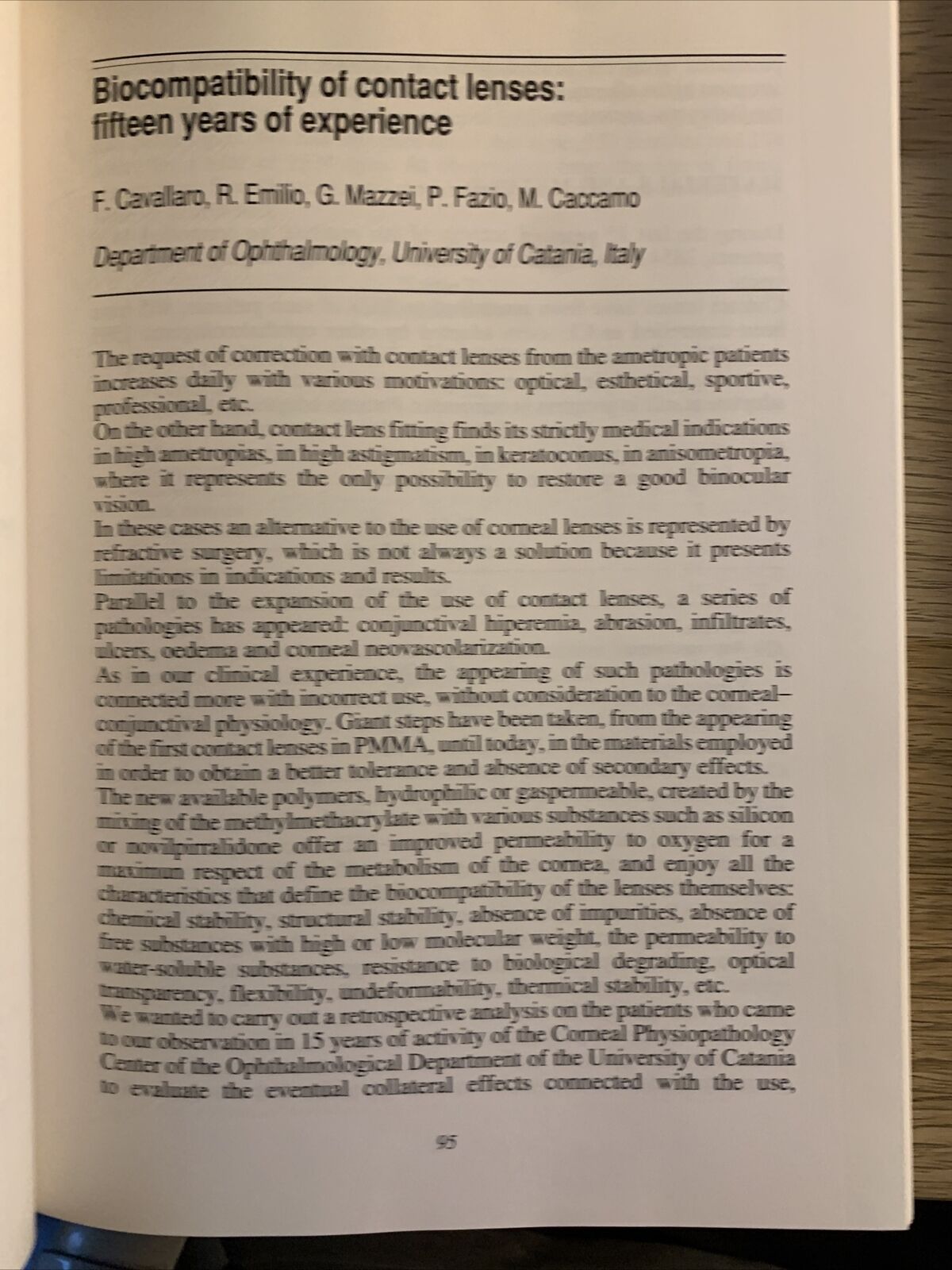 BIOMATERIALS IN OPHTALMOLOGY an interdisciplinary approach. Caramazza, Versura #