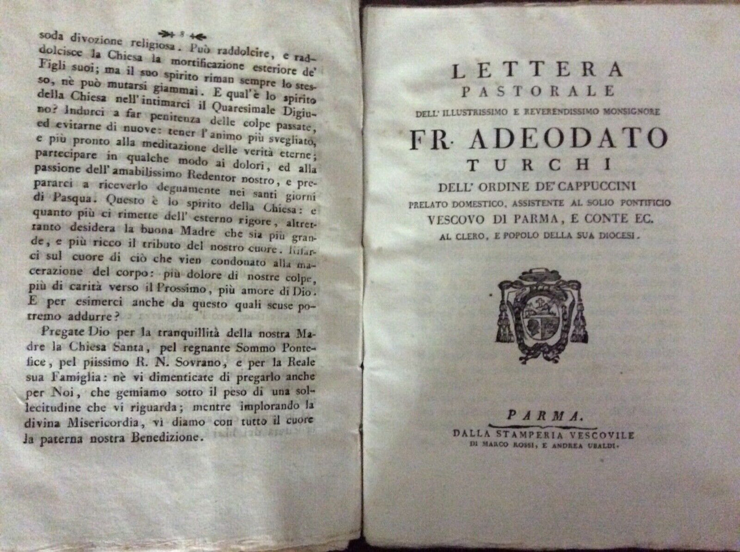 ADEODATO TURCHI - OMELIE E LETTERE PASTORALI Parma stamperia vescovile 1788-1794