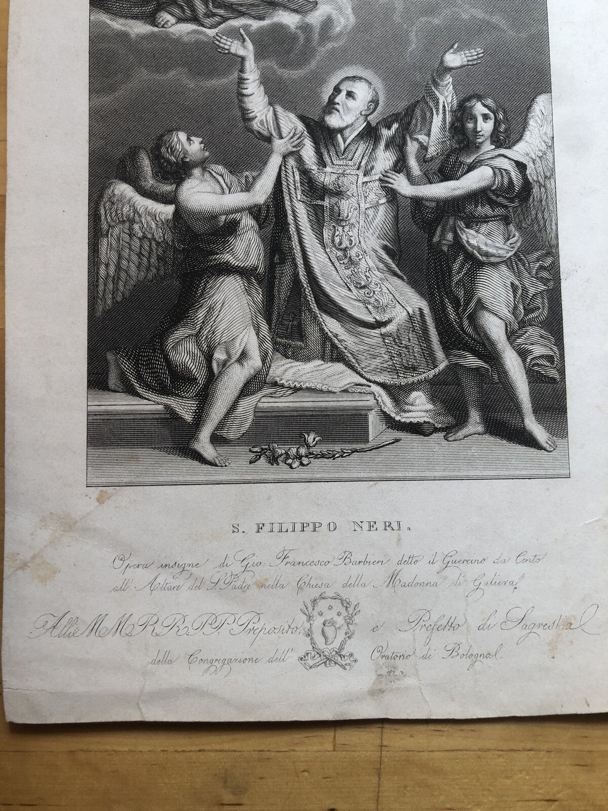 Incisione acquaforte antica dell'opera del Guercino S. Filippo Neri sec. XIX