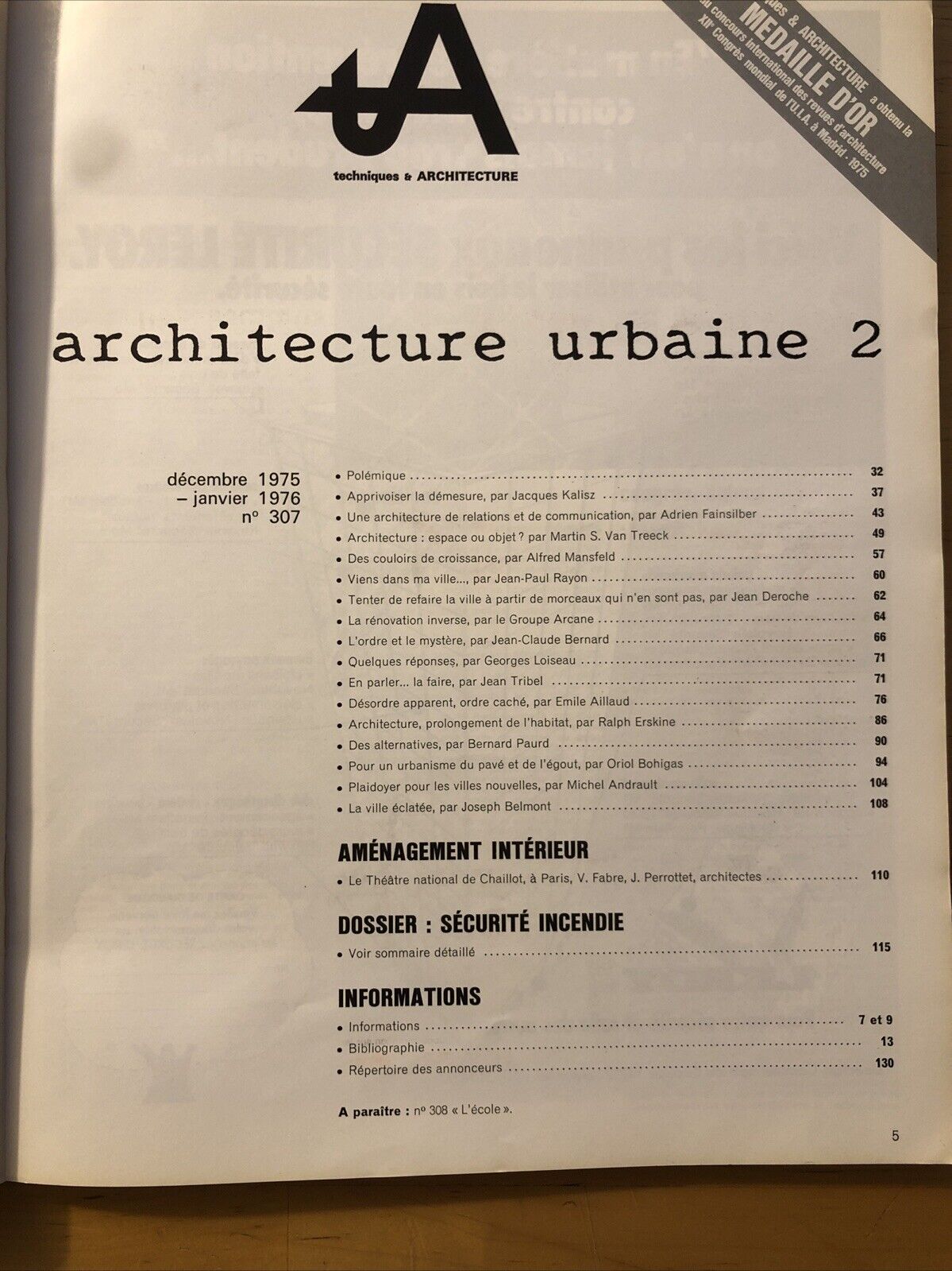 Techniques & Architecture, Architecture Urbaine 2 dossier sécurité incendie 1975