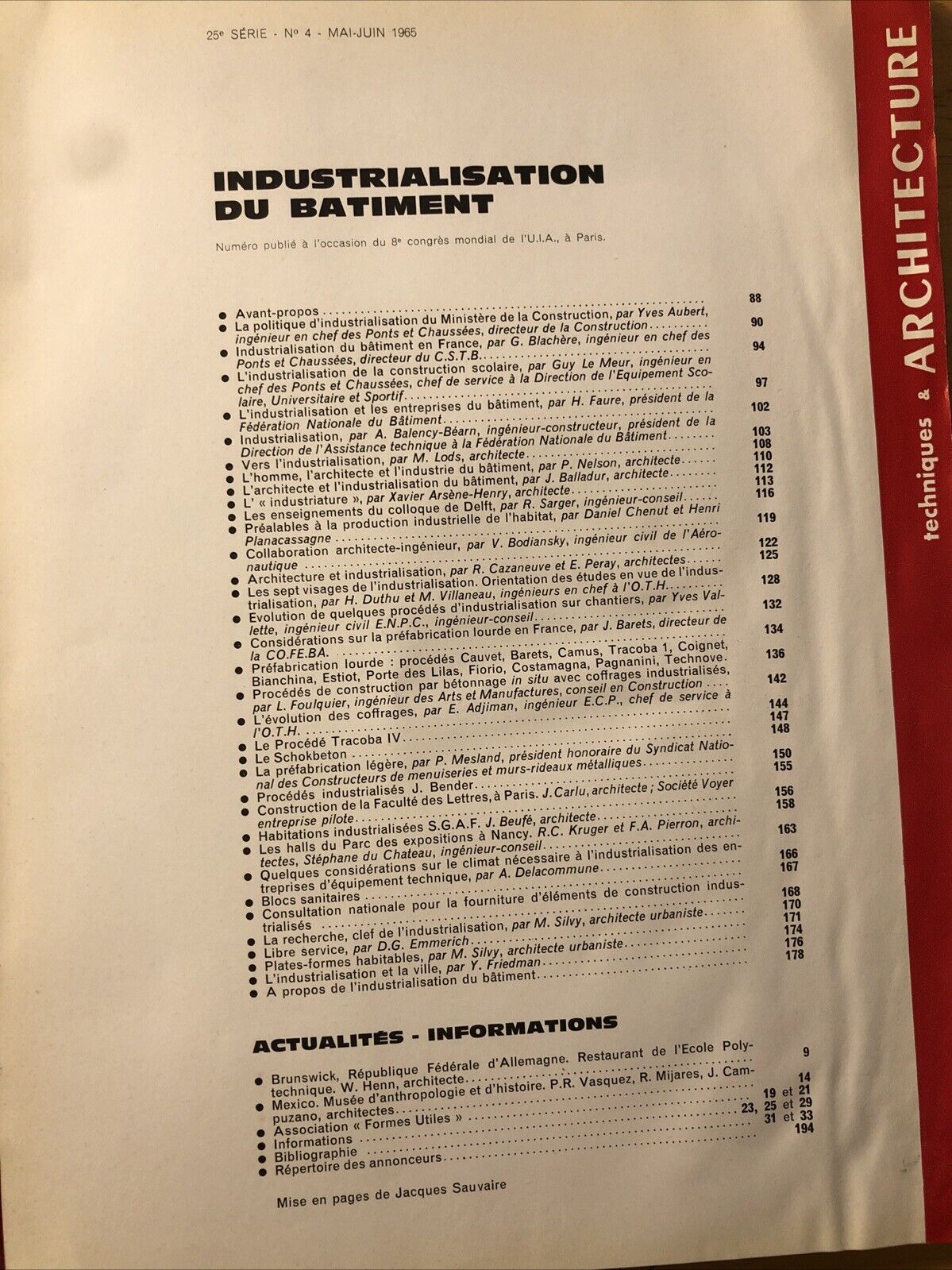 Techniques & Architecture Industrialisation du Batiment 1965
