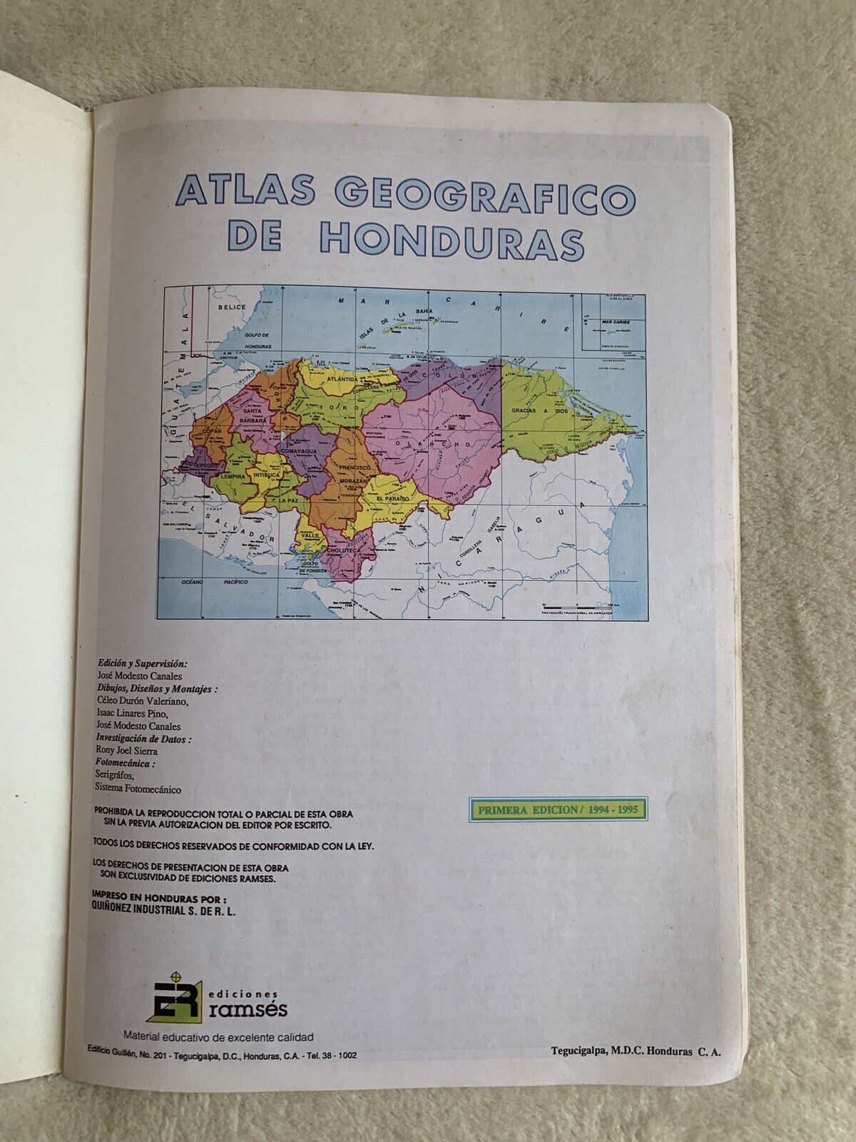 Atlas Geografico de Honduras. ediciones Ramses