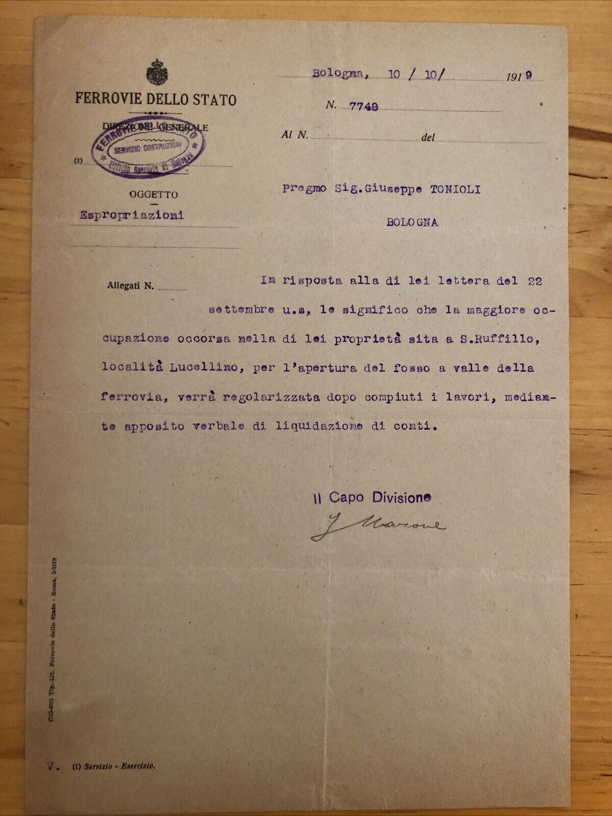 FERROVIE DELLO STATO espropriazioni Bologna San Rufillo 1919