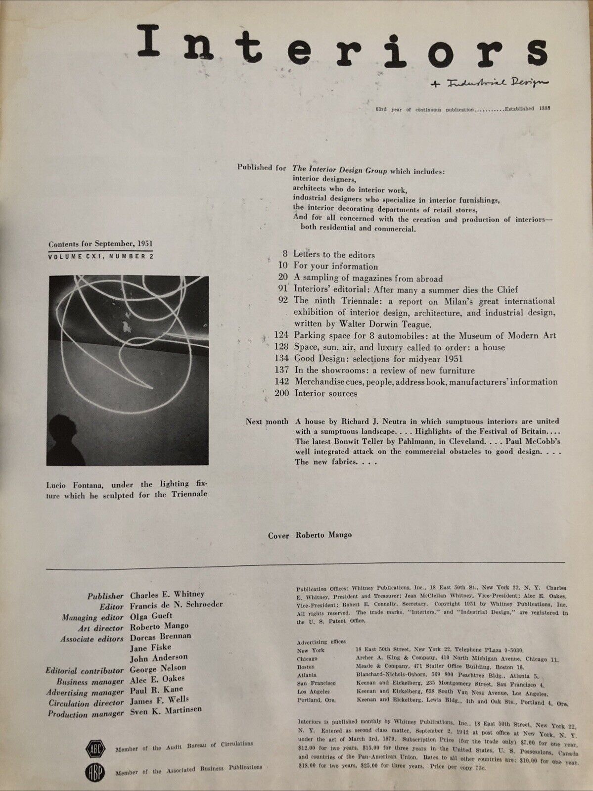 INTERIORS MAGAZINE SEPTEMBER 1951. Interiors, design, architecture. Olga Gueft