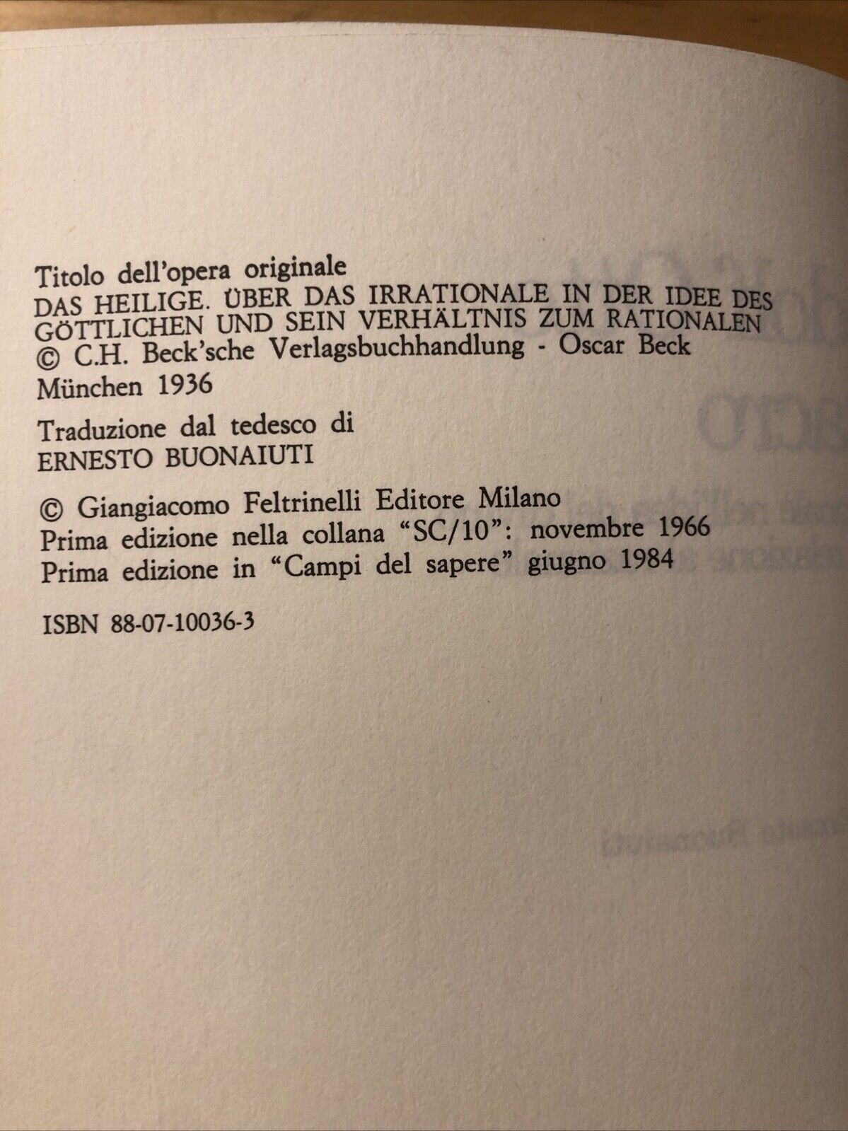 Il sacro, Rudolf Otto - Feltrinelli prima edizione Campi del Sapere 1984