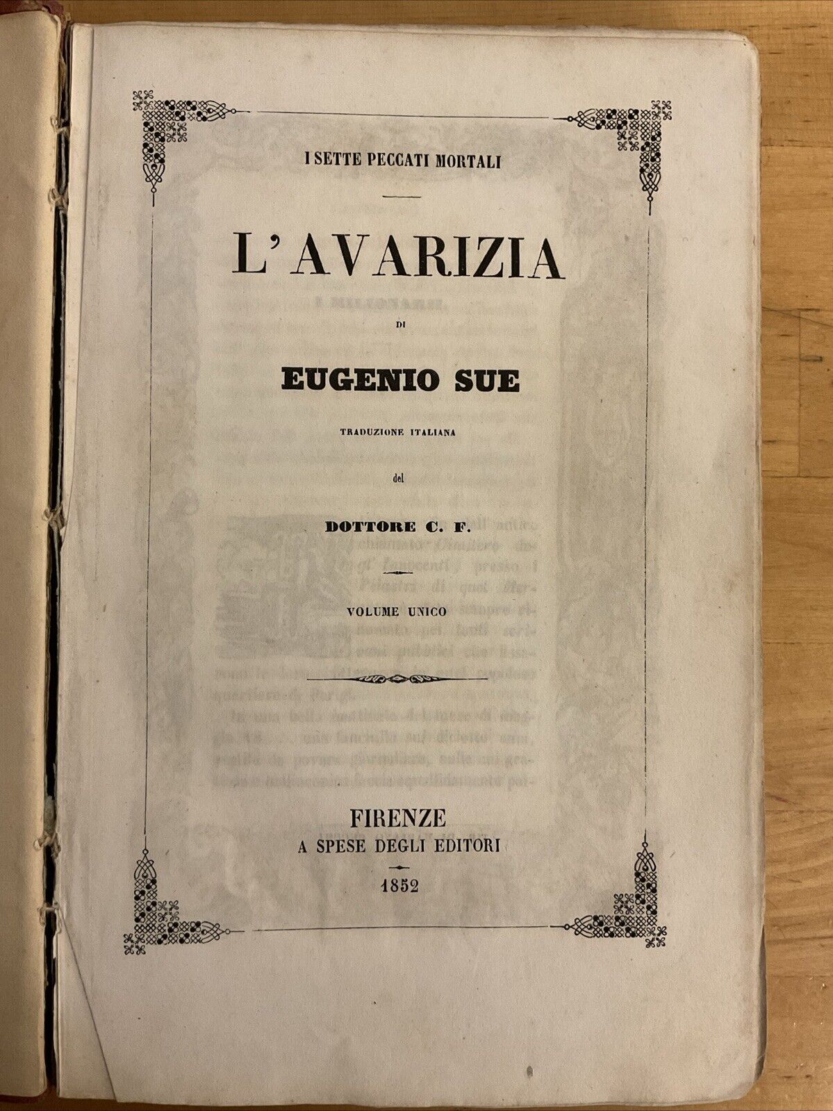 L'Avarizia i sette peccati mortali - Eugenio Sue, Volume unico 1852