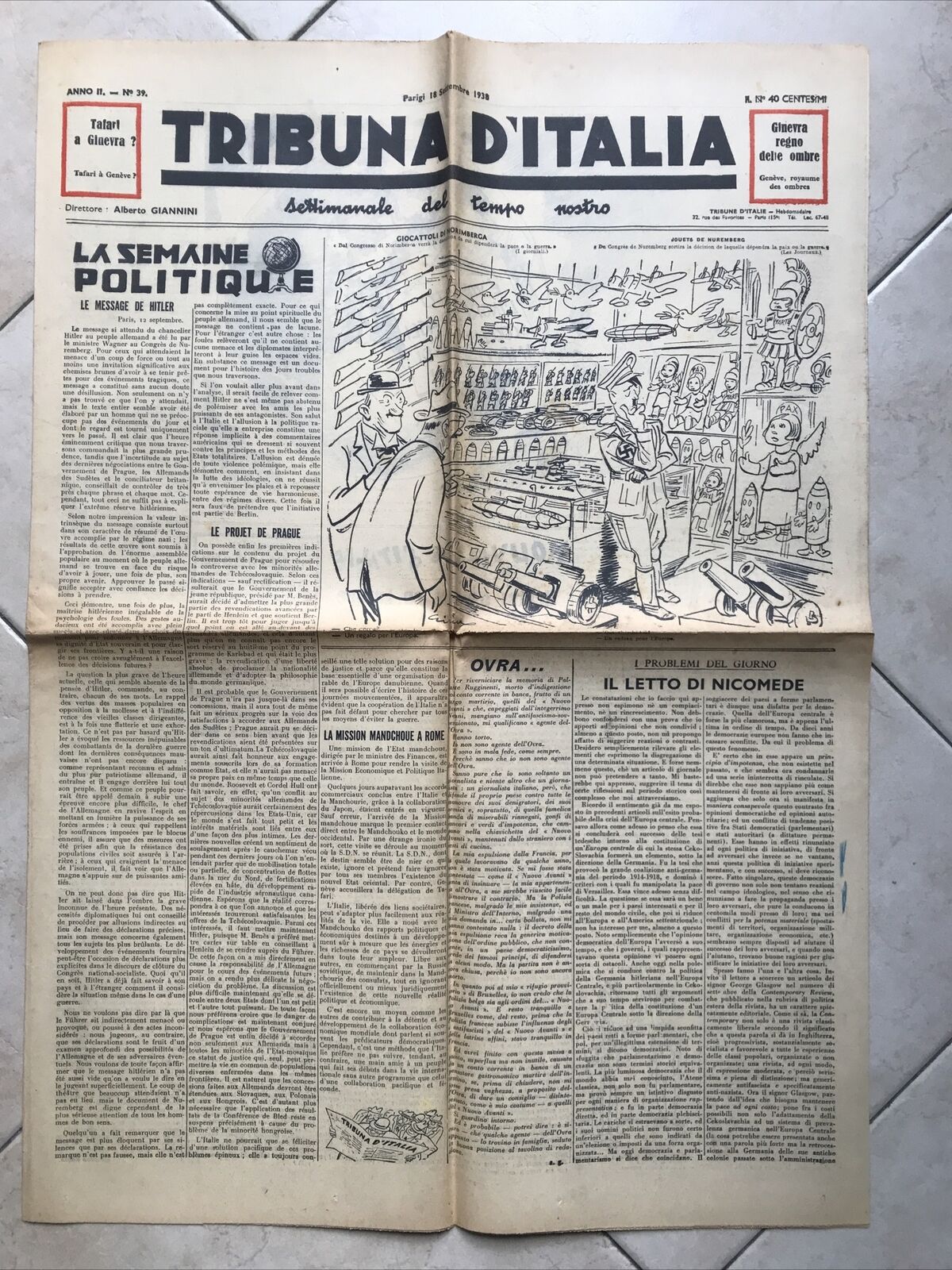 TRIBUNA D'ITALIA anno 2 n. 39 -Parigi 18 settembre 1938 POLITICA SATIRA POLITICA