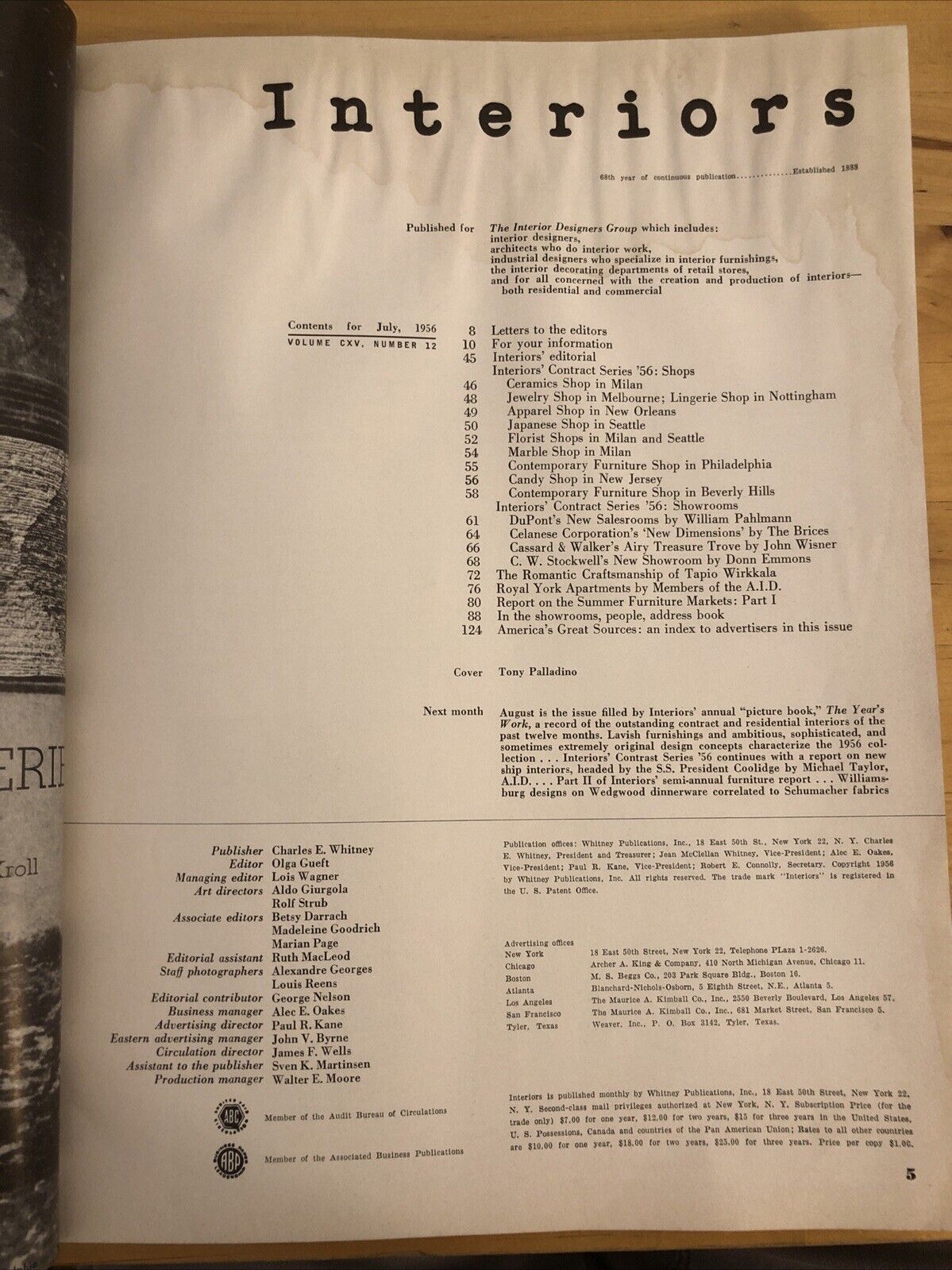 INTERIORS MAGAZINE JULY 1956 Olga Gueft - DESIGN, ARCHITECTURE