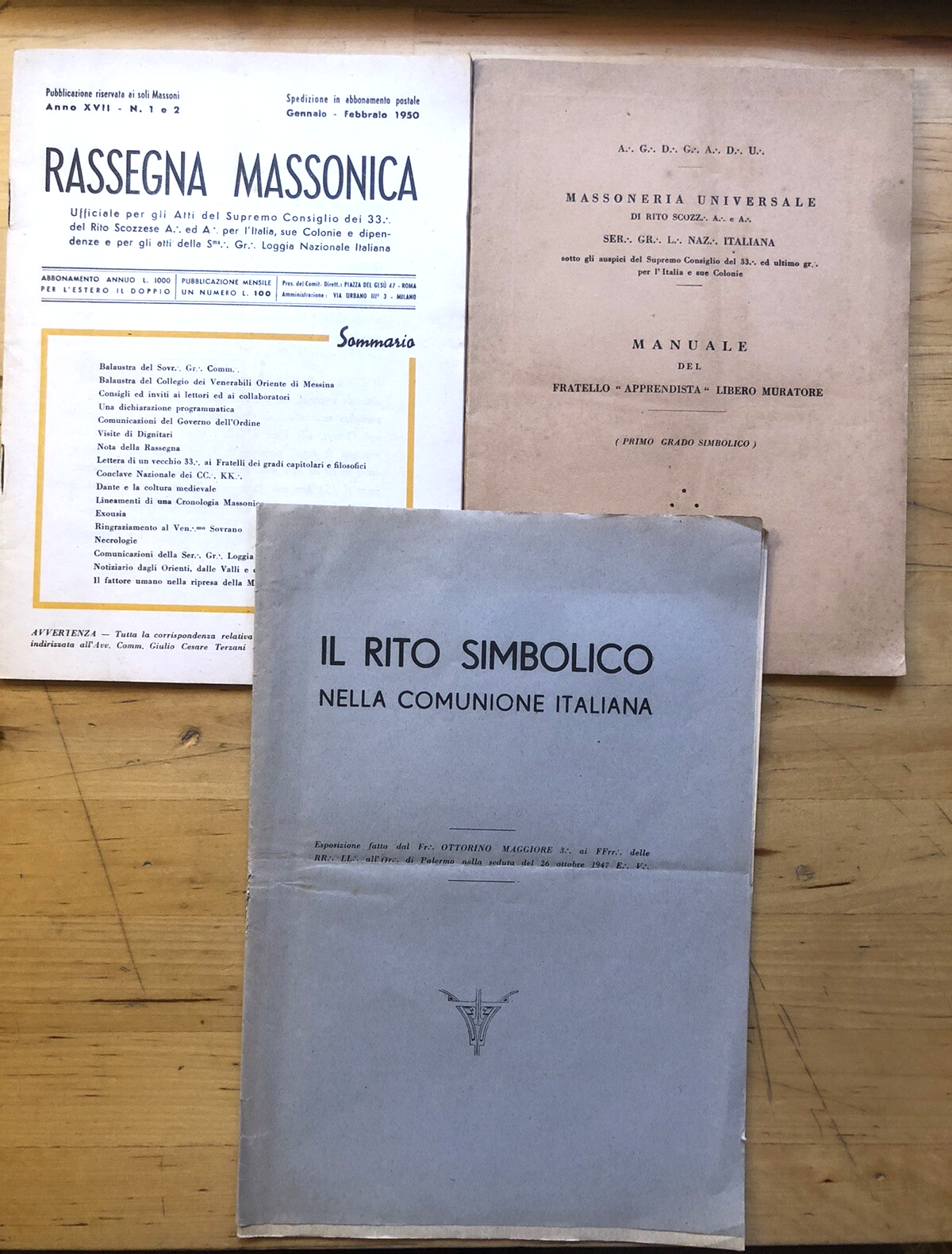 Rassegna Massonica, Manuale Fratello apprendista l. muratore, il rito simbolico