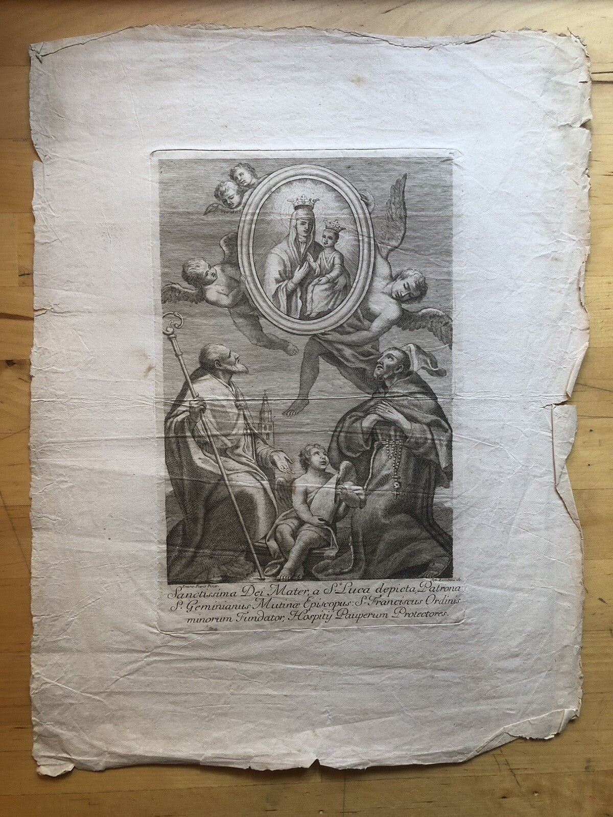 Incisione stampa antica Sanctissima dei Mater a S. Luca. Franc. Fusio Pinx '700