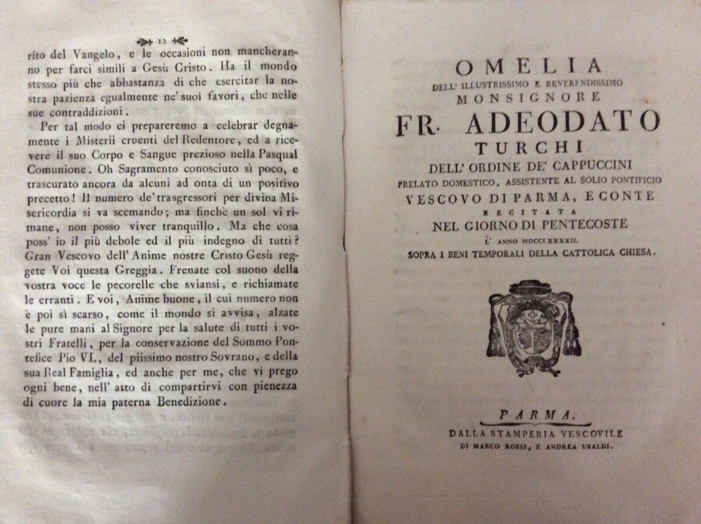 ADEODATO TURCHI - OMELIE E LETTERE PASTORALI Parma stamperia vescovile 1788-1794
