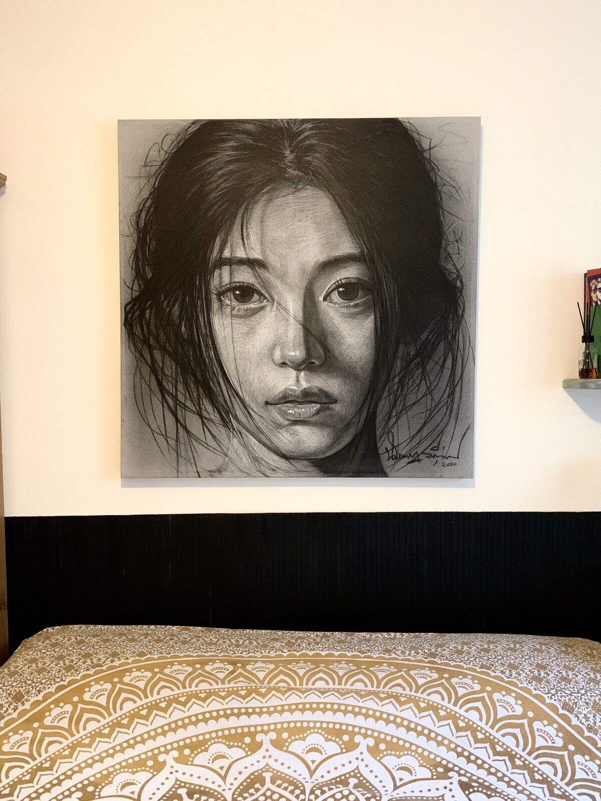 Woman portrait Painting large -Mixed media, charcoal and pastel 100 x 100 cm