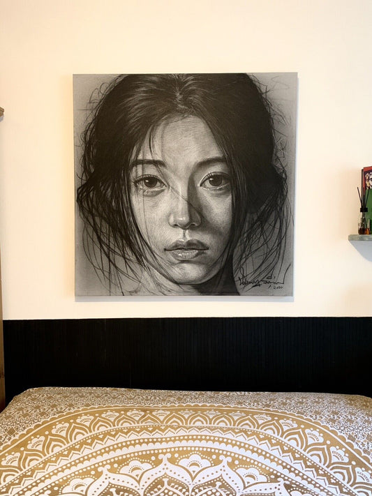 Woman portrait Painting large -Mixed media, charcoal and pastel 100 x 100 cm