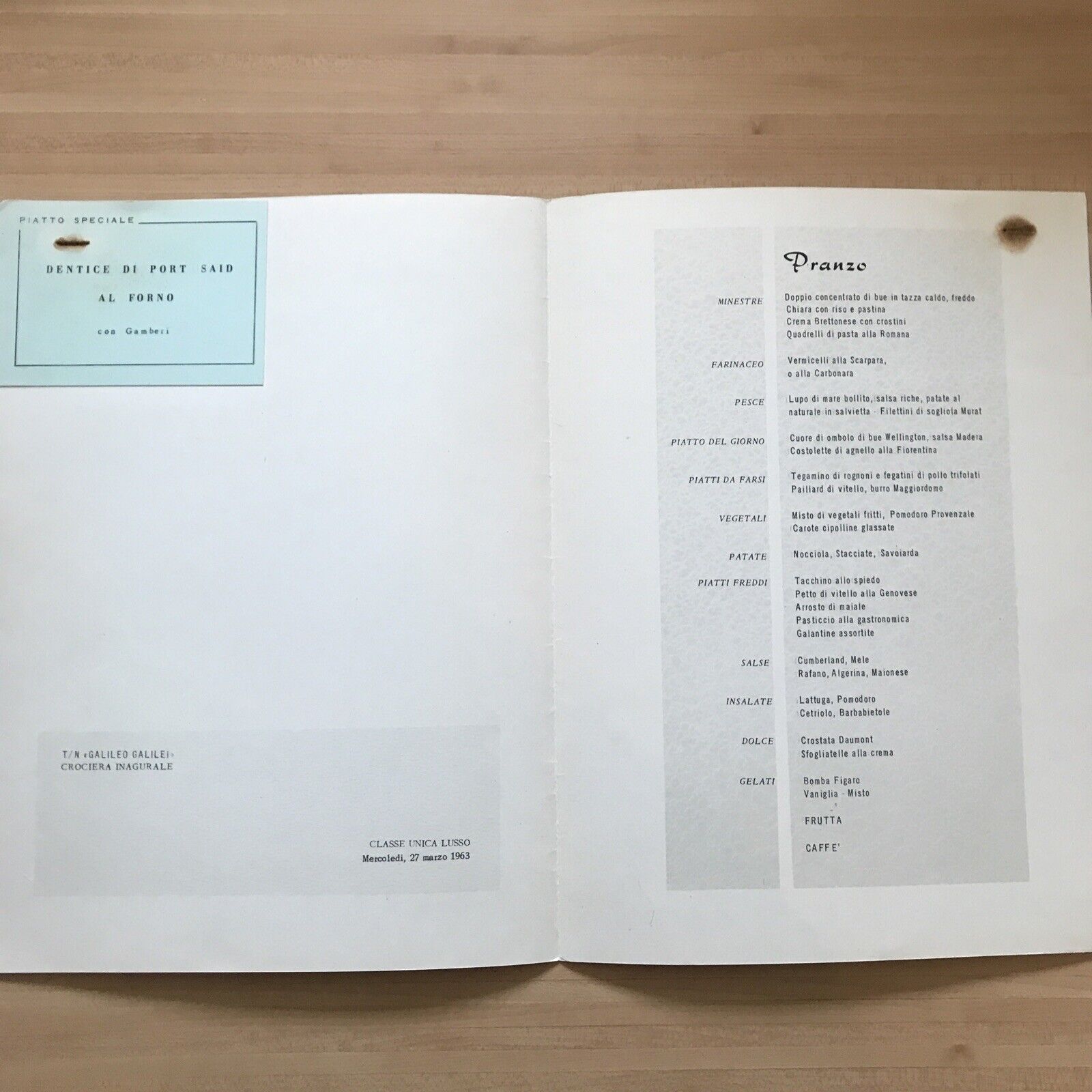 Menù Vintage Lloyd Triestino, anno 1963, T/N Galileo Galilei, crociera Inaugural