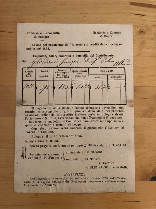 Bologna - Budrio antico documento 1865 pagamento imposta redditi della ricchezza