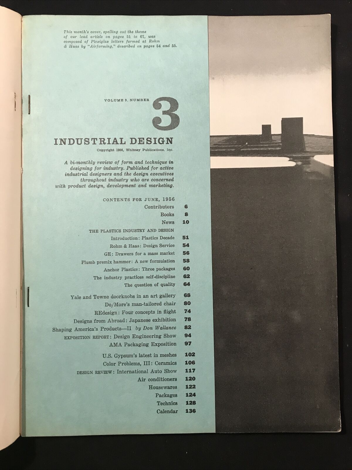 INDUSTRIAL DESIGN 3 - June 1956, Whitney publ. THE PLASTIC INDUSTRY AND DESIGN#