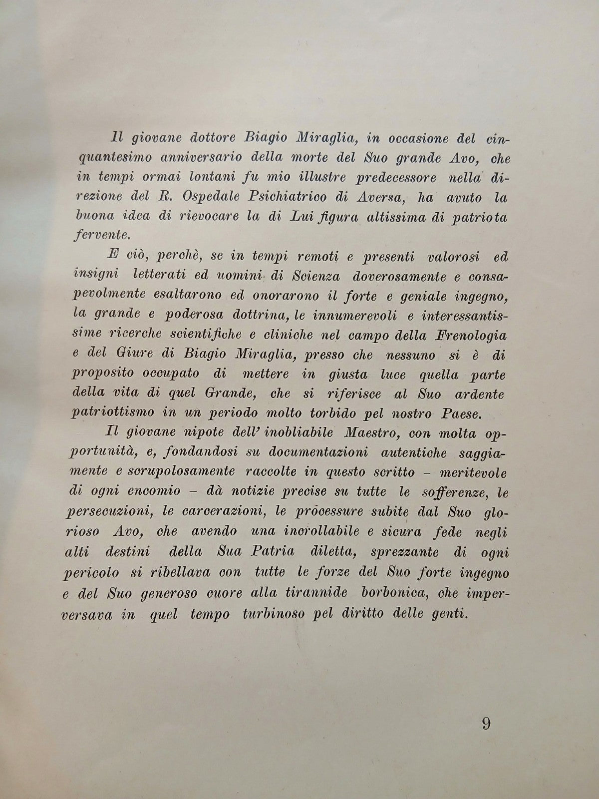 Un alienista patriota - Biagio Miraglia, La Pegna - scuola Tip. Villa Russo 1936