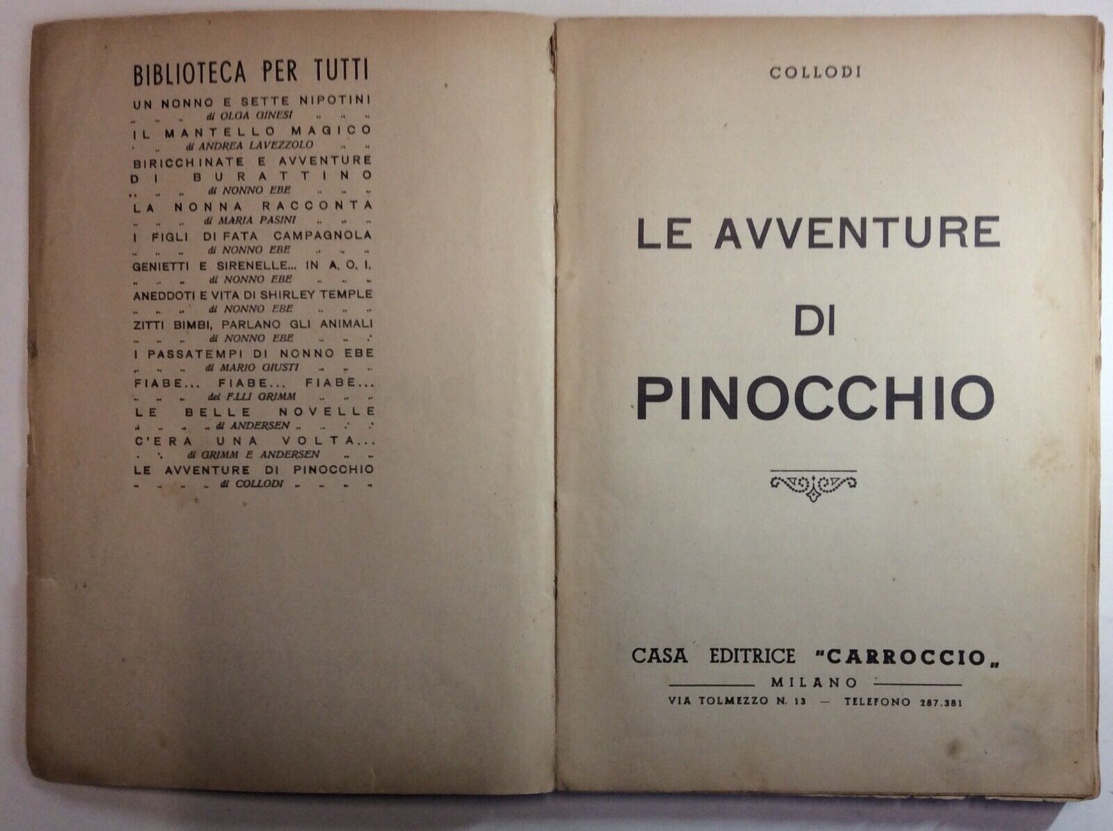 LE AVVENTURE DI PINOCCHIO - CASA EDITRICE CARROCCIO, 1941