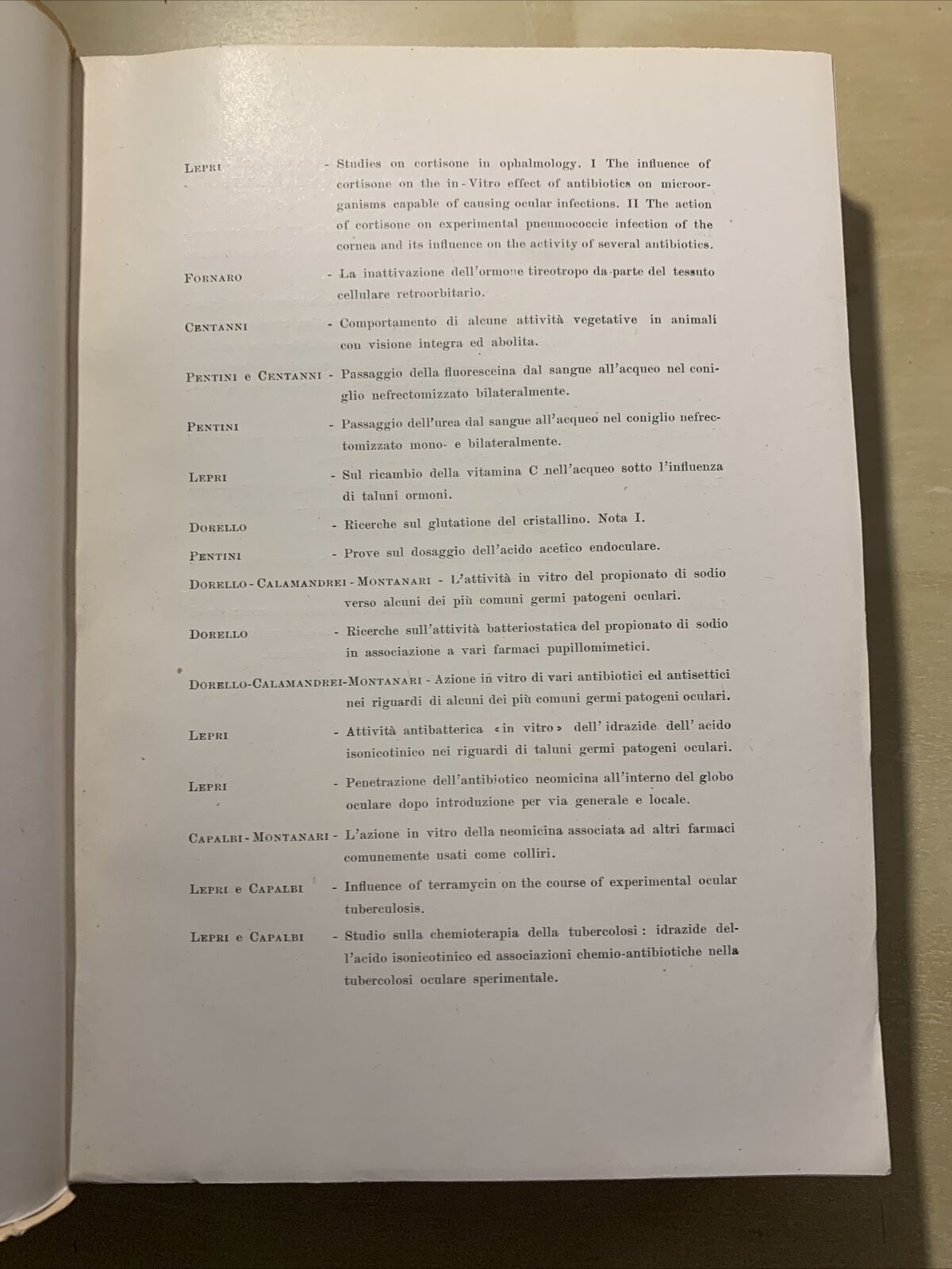 CLINICA OCULISTICA UNIVERSITÀ DI PISA - PUBBLICAZIONI 1951 - 1952. F. Caramazza