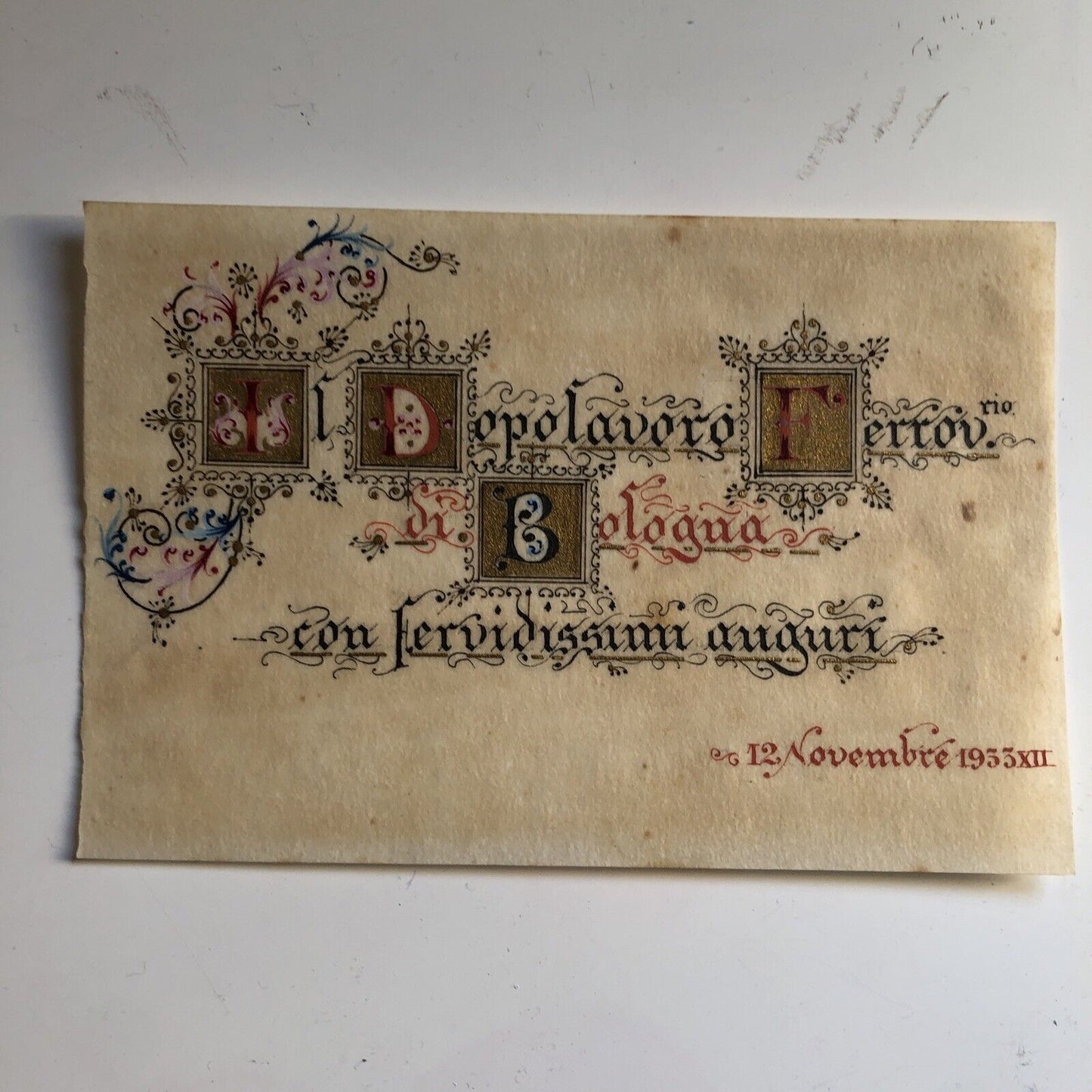 Biglietto Auguri Il Dopolavoro Ferroviario di Bologna 1933, carta pergamena