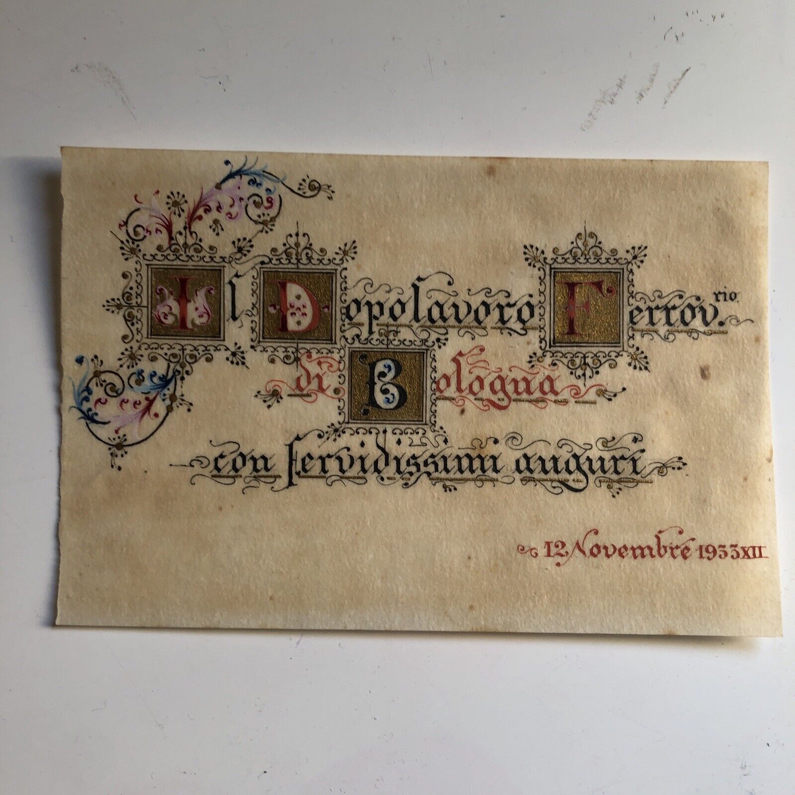 Biglietto Auguri Il Dopolavoro Ferroviario di Bologna 1933, carta pergamena