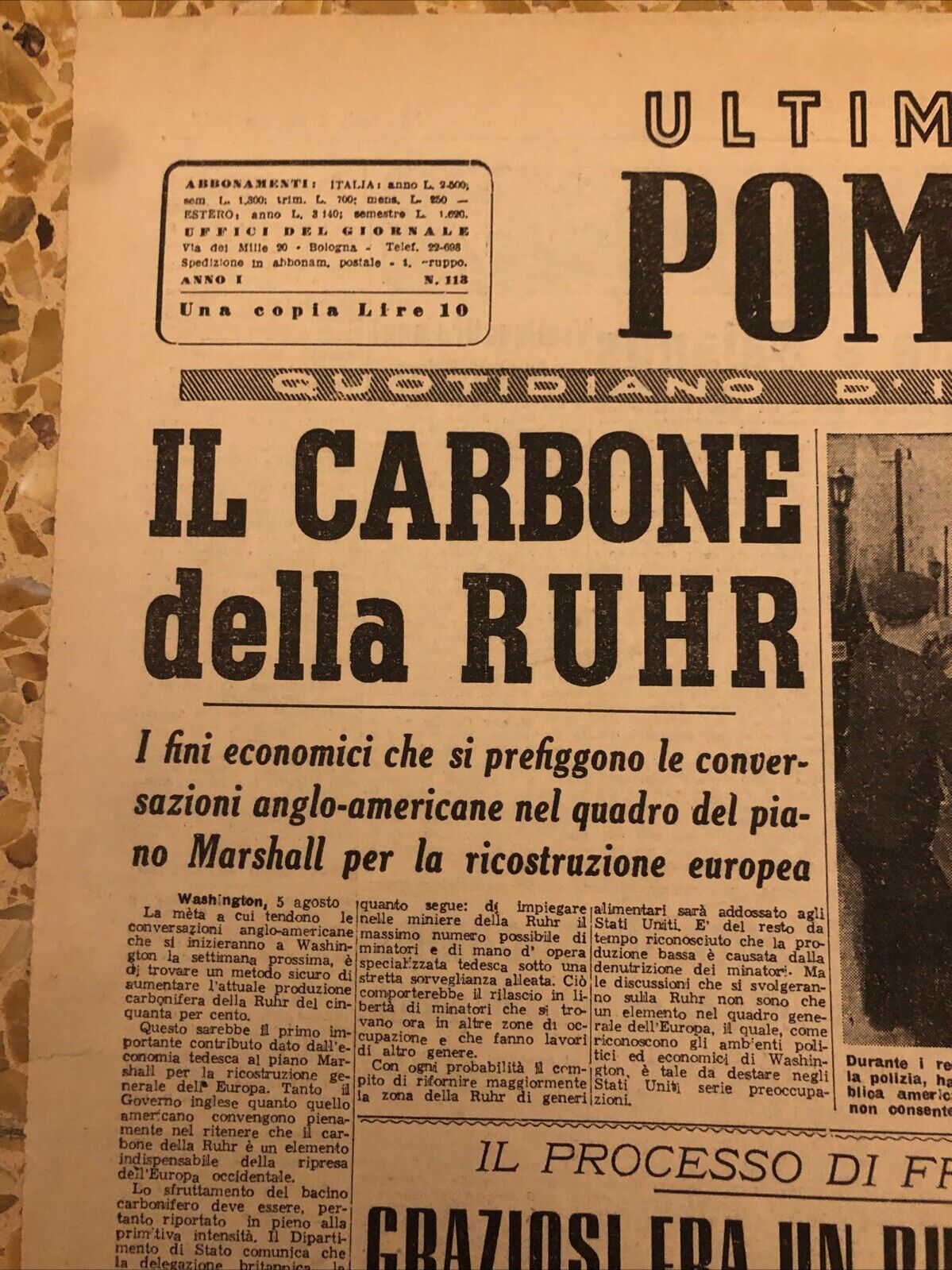 Ultima edizione Pomeriggio 5 agosto 1947 - Bologna sera. Piano Marshall
