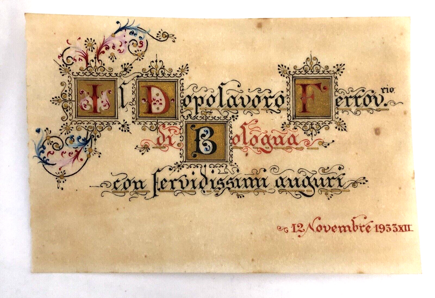 Biglietto Auguri Il Dopolavoro Ferroviario di Bologna 1933, carta pergamena