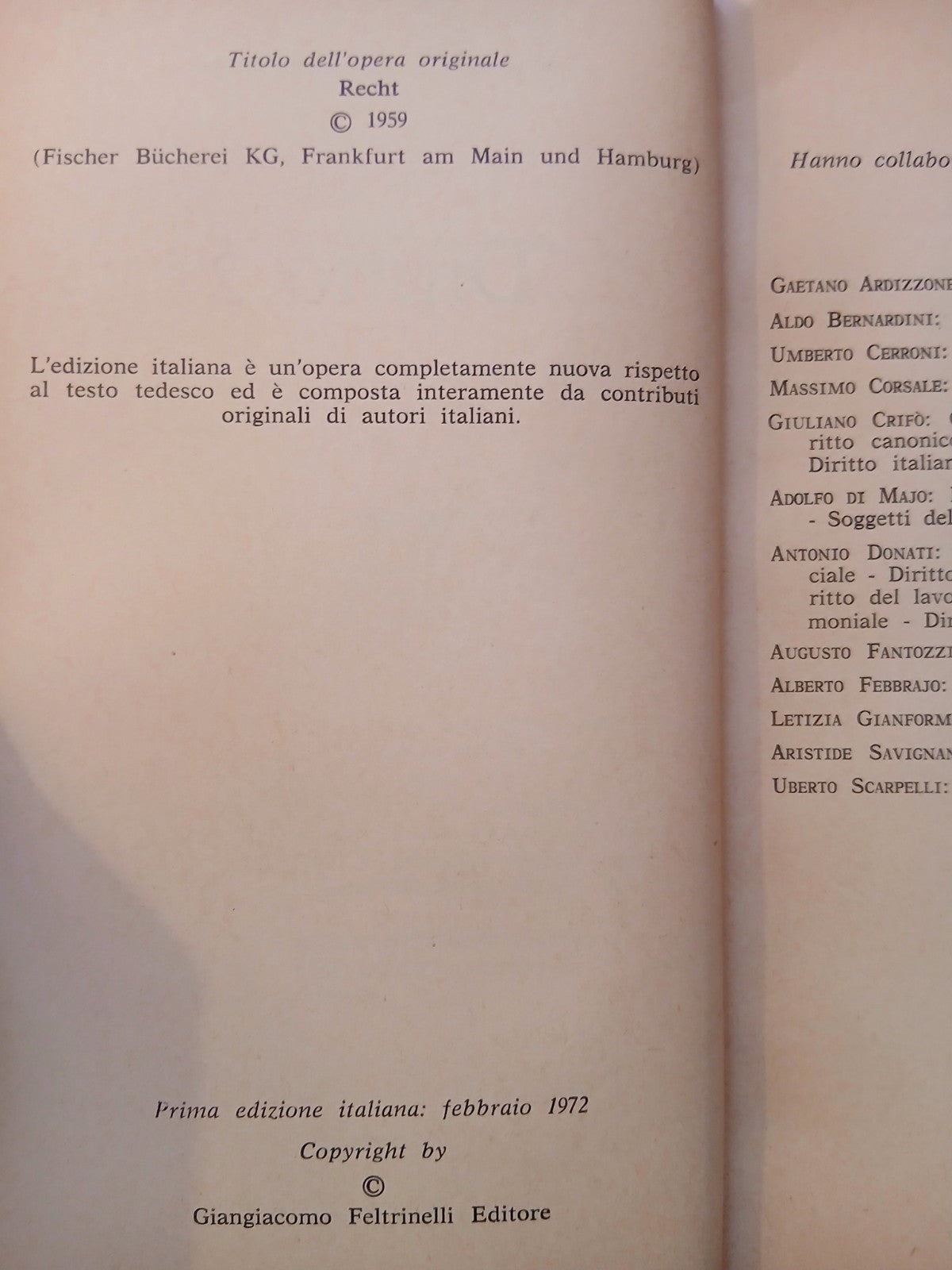 Diritto 1 - 2 Enciclopedia Feltrinelli 30, 31. Giuliano Crifò 1972