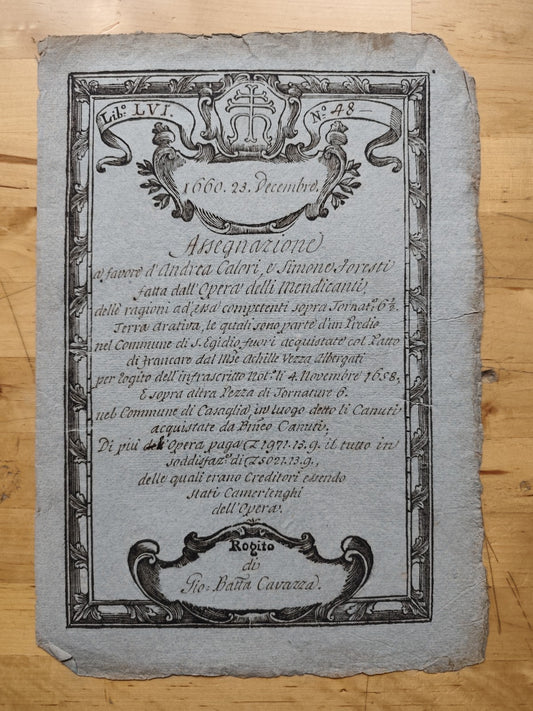 Bologna antico rogito 1660 Opera delli Mendicanti Casaglia S. Egidio - Albergati