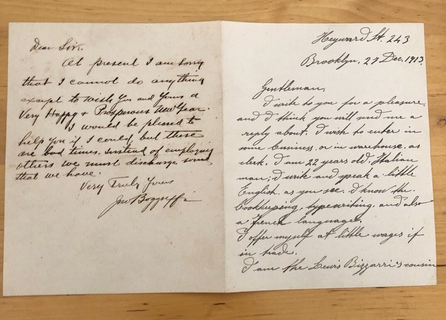 Lettera di Italo Americani - Brooklyn 27 December 1913