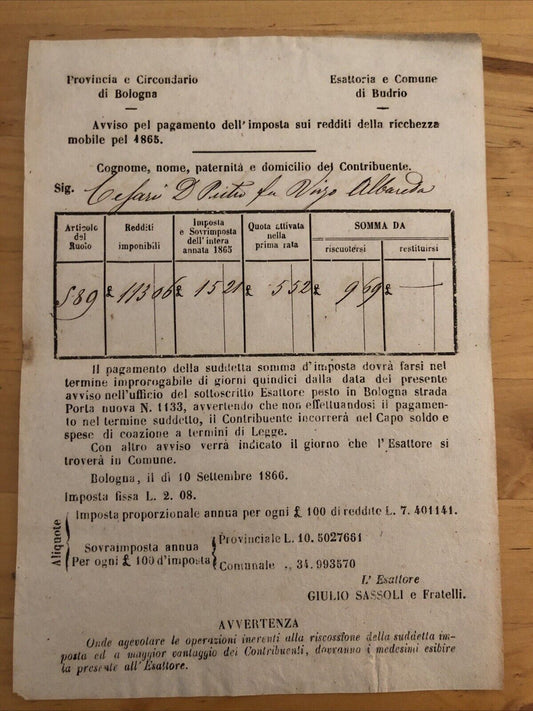 Bologna - Budrio antico documento 1865 pagamento imposta redditi della ricchezza