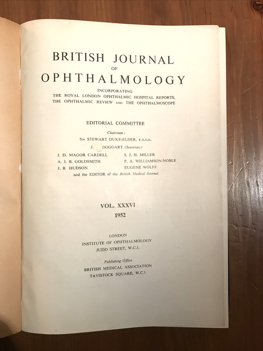 BRITISH JOURNAL OF OPHTHALMOLOGY oftalmologia, vol. XXXVI 1952 - S. Duke-Elder
