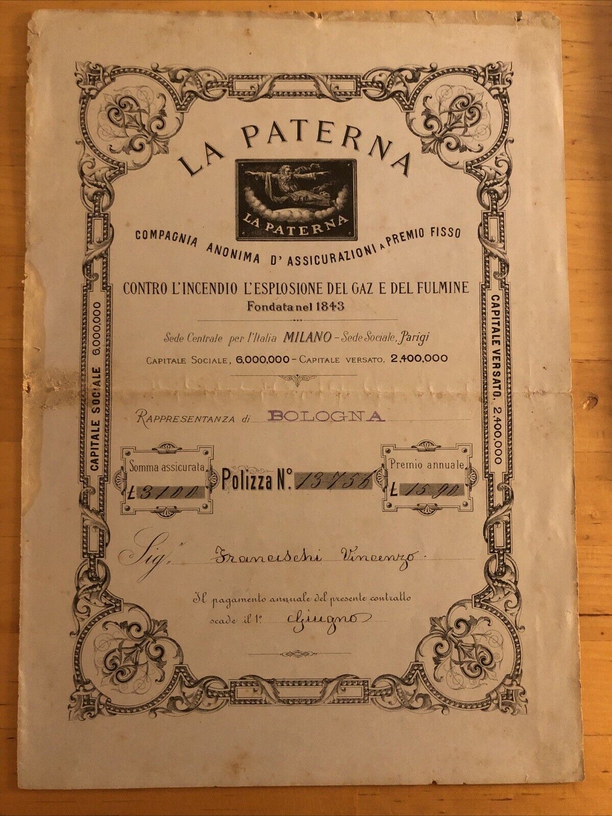 DOCUMENTO assicurativo antico 1890 ca. Paterna. incendio esplosione