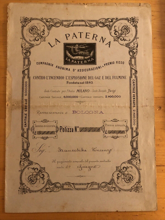DOCUMENTO assicurativo antico 1890 ca. Paterna. incendio esplosione