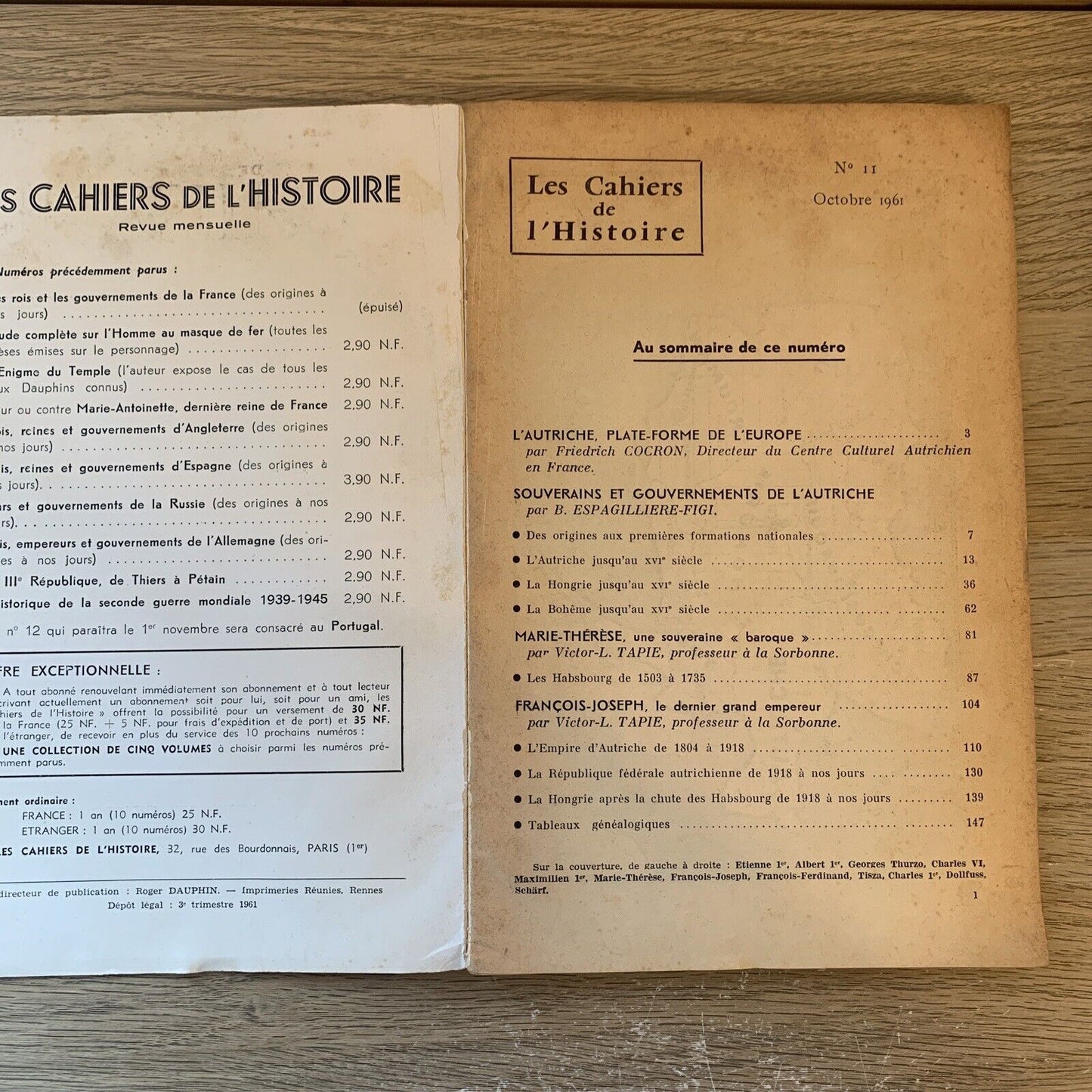 LES CAHIERS DE L'HISTOIRE N. 11, souverains et gouvernements de l'Autriche