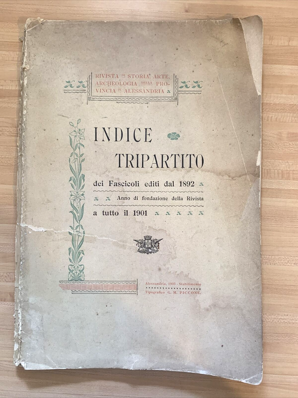 Rivista storia arte Archeologia provincia Alessandria, Indice tripartito 1892-01