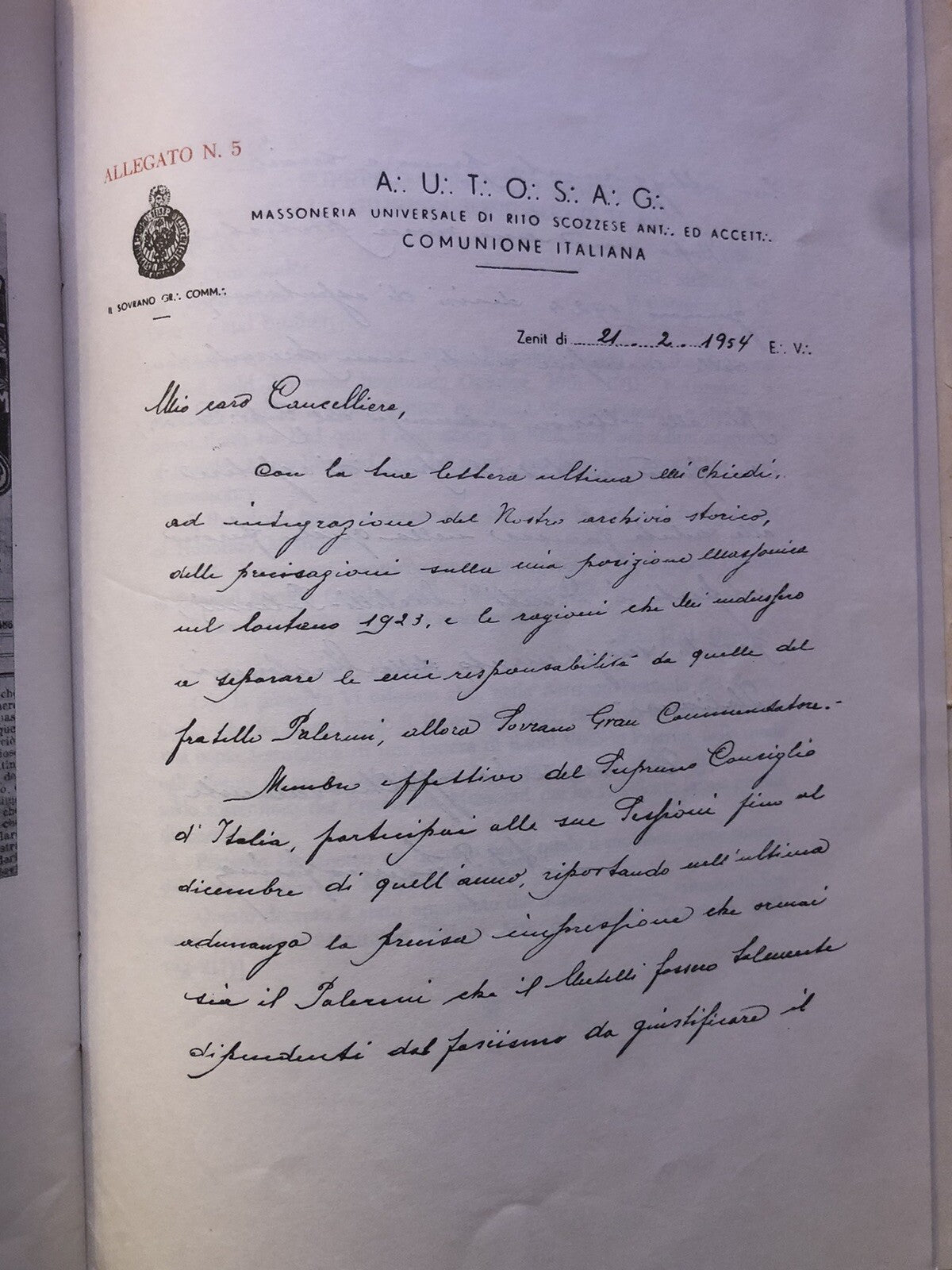 Massoneria Universale supremo consiglio del 33 ed ultimo grado del rito . . 1954