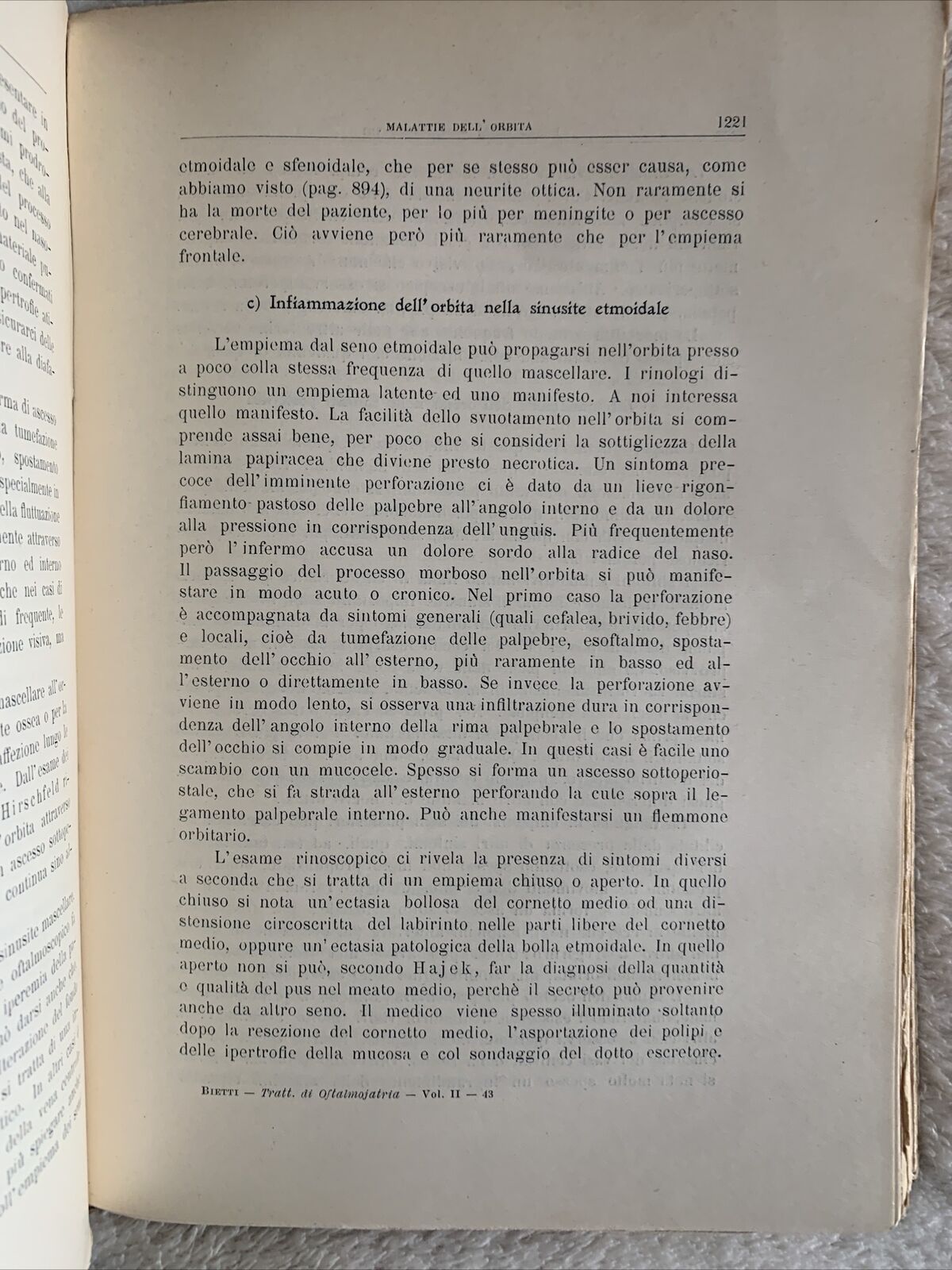 TRATTATO DI OFTALMOJATRIA. Amilcare Bietti, Vol. secondo puntata prima-seconda.