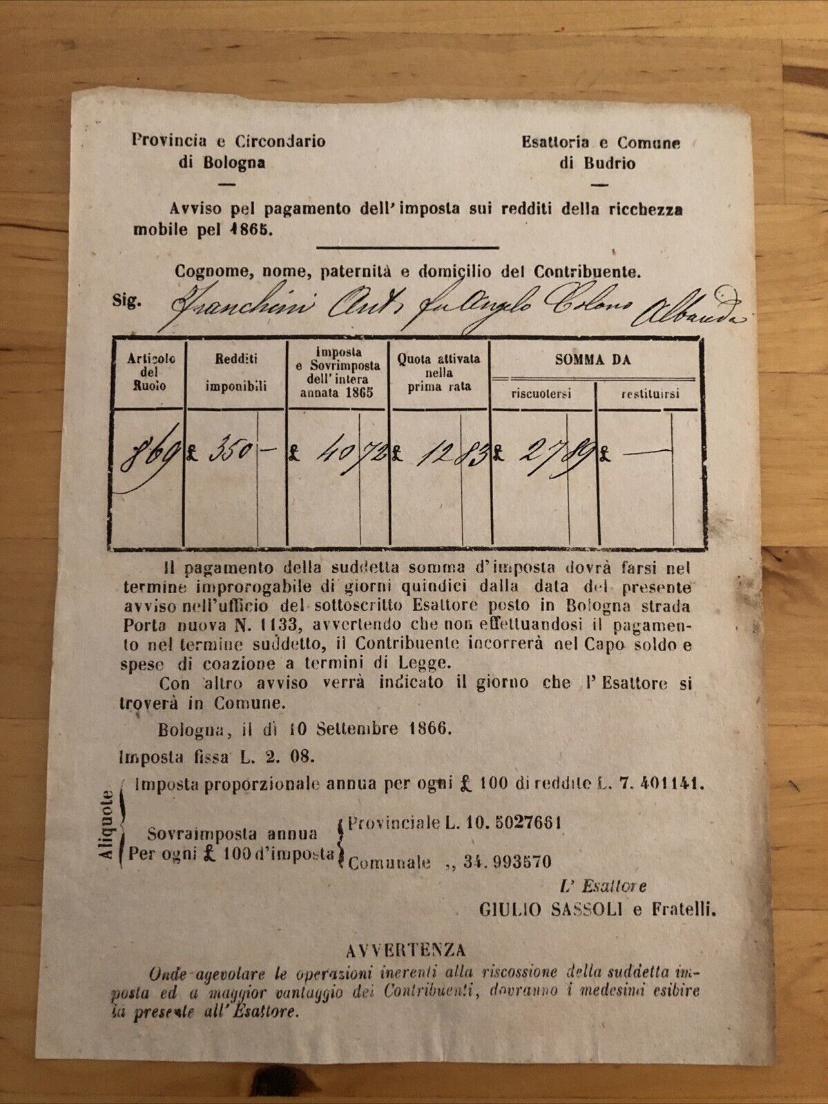 Bologna - Budrio antico documento 1865 pagamento imposta redditi della ricchezza